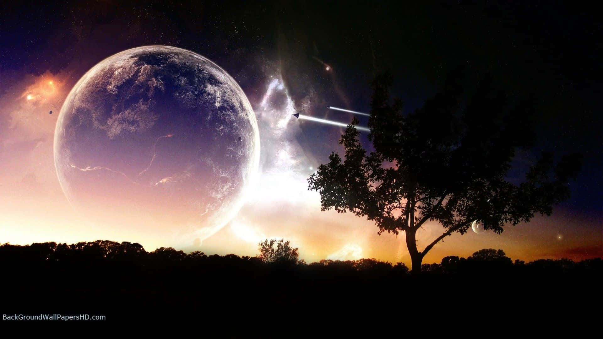 surreal sunset, giant planet, glowing nebula, Full HD Desktop Wallpaper