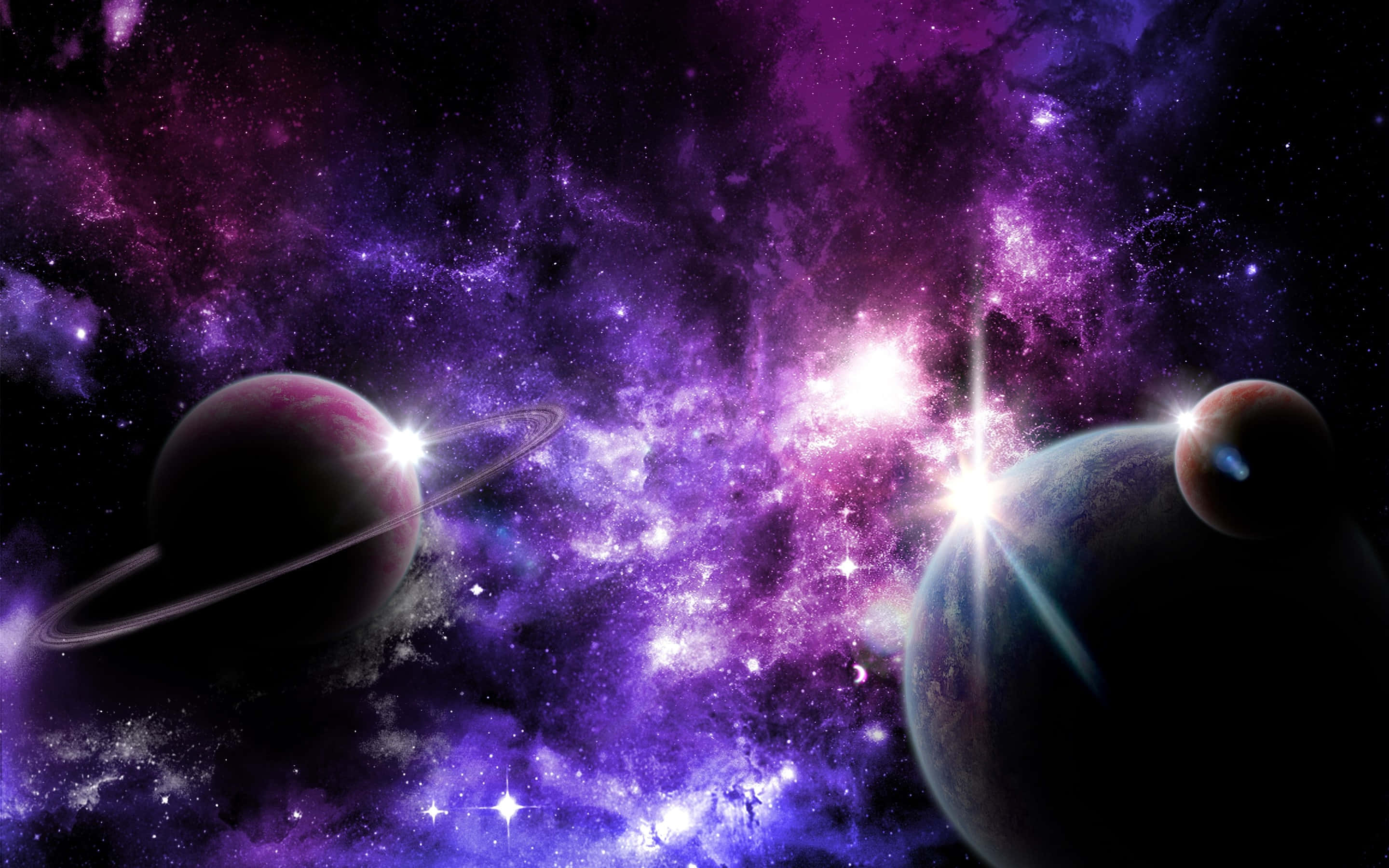 vibrant purple nebulae, ringed planets, starfield, 2K Desktop Wallpaper