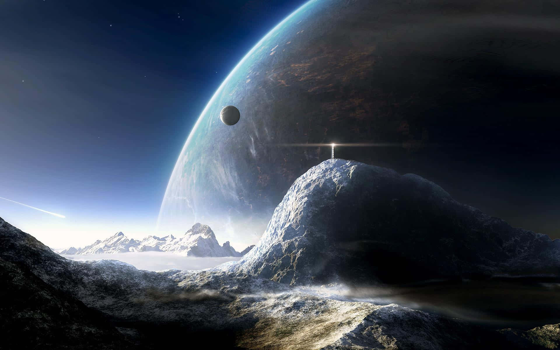 Beautiful Space, snowcapped mountain peak, barren alien world, Full HD Desktop Wallpaper