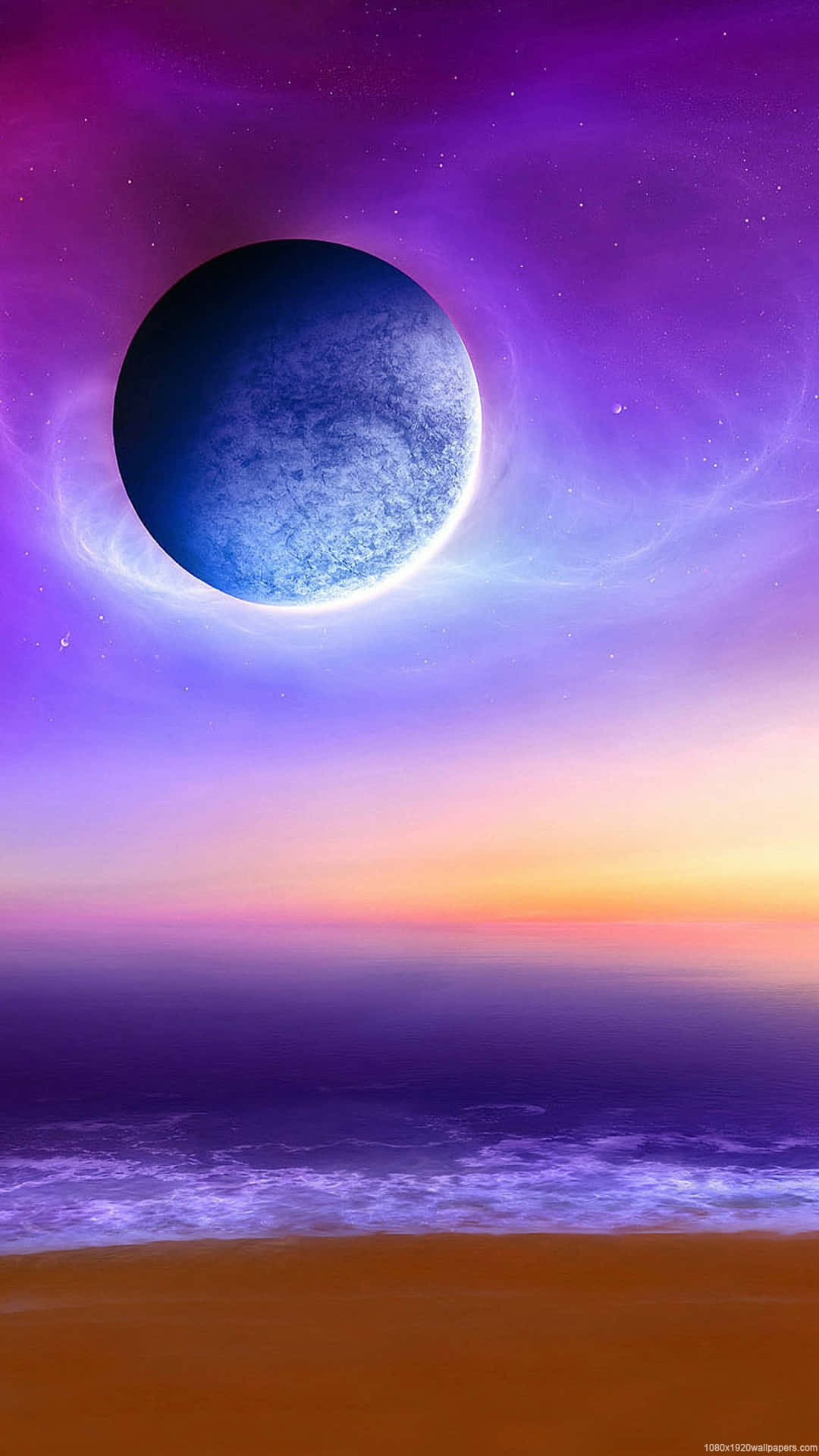 glowing blue planet, beach at twilight, purple and orange skies, Full HD Phone Wallpaper