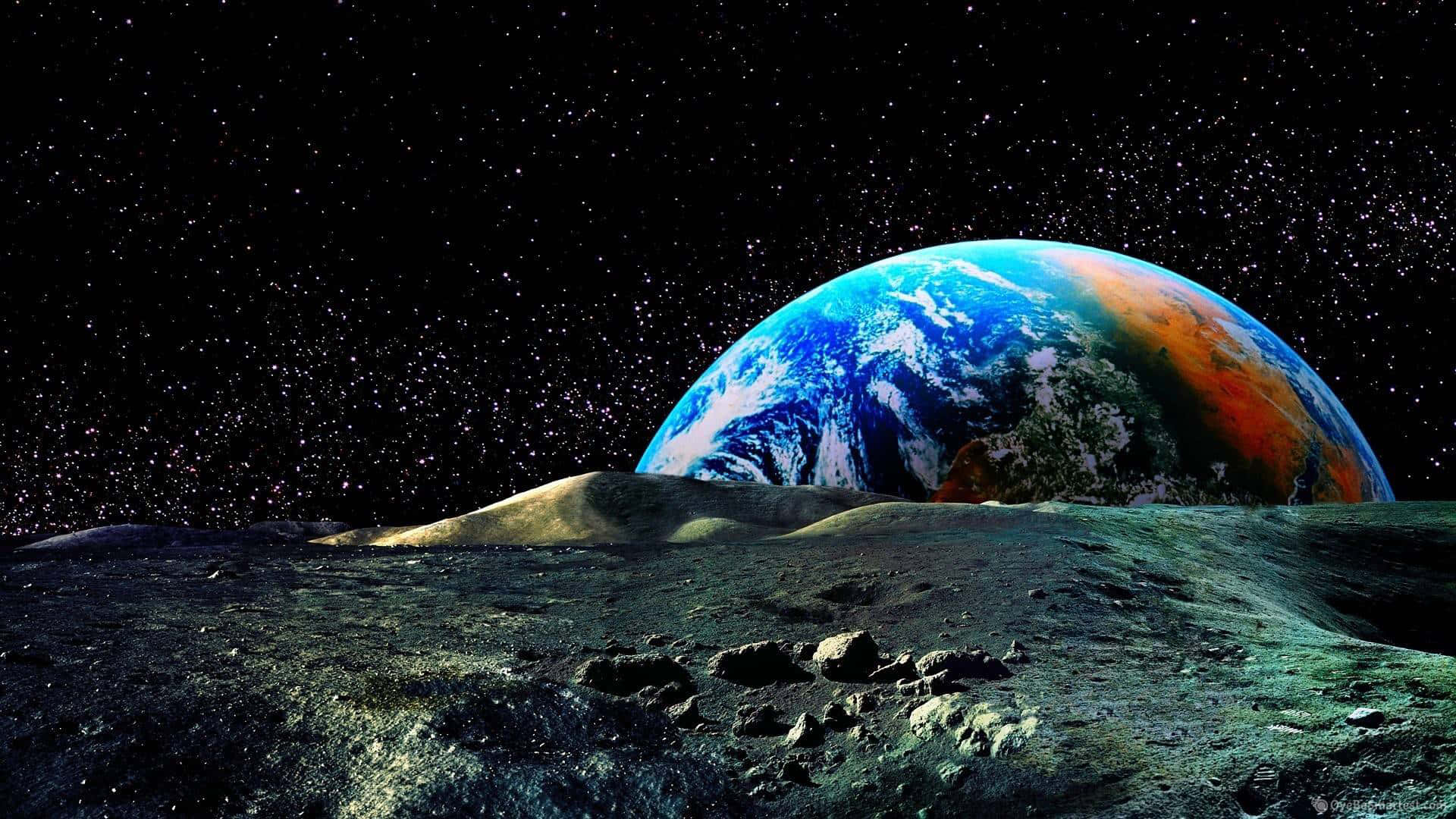 Earth, cratered lunar landscape, starfield, Full HD Desktop Wallpaper