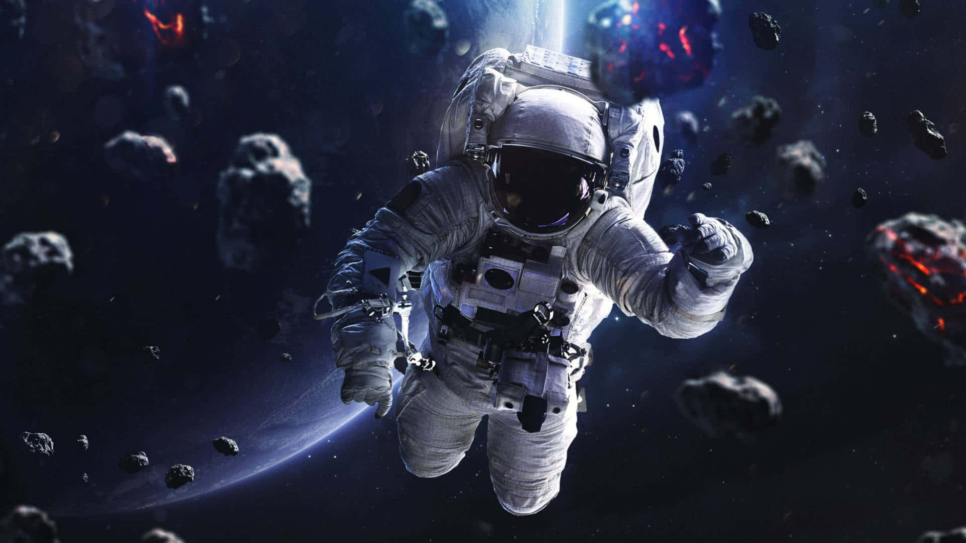 Journey Through The Milky Way Galaxy, astronaut, glowing asteroids, Full HD Desktop Wallpaper