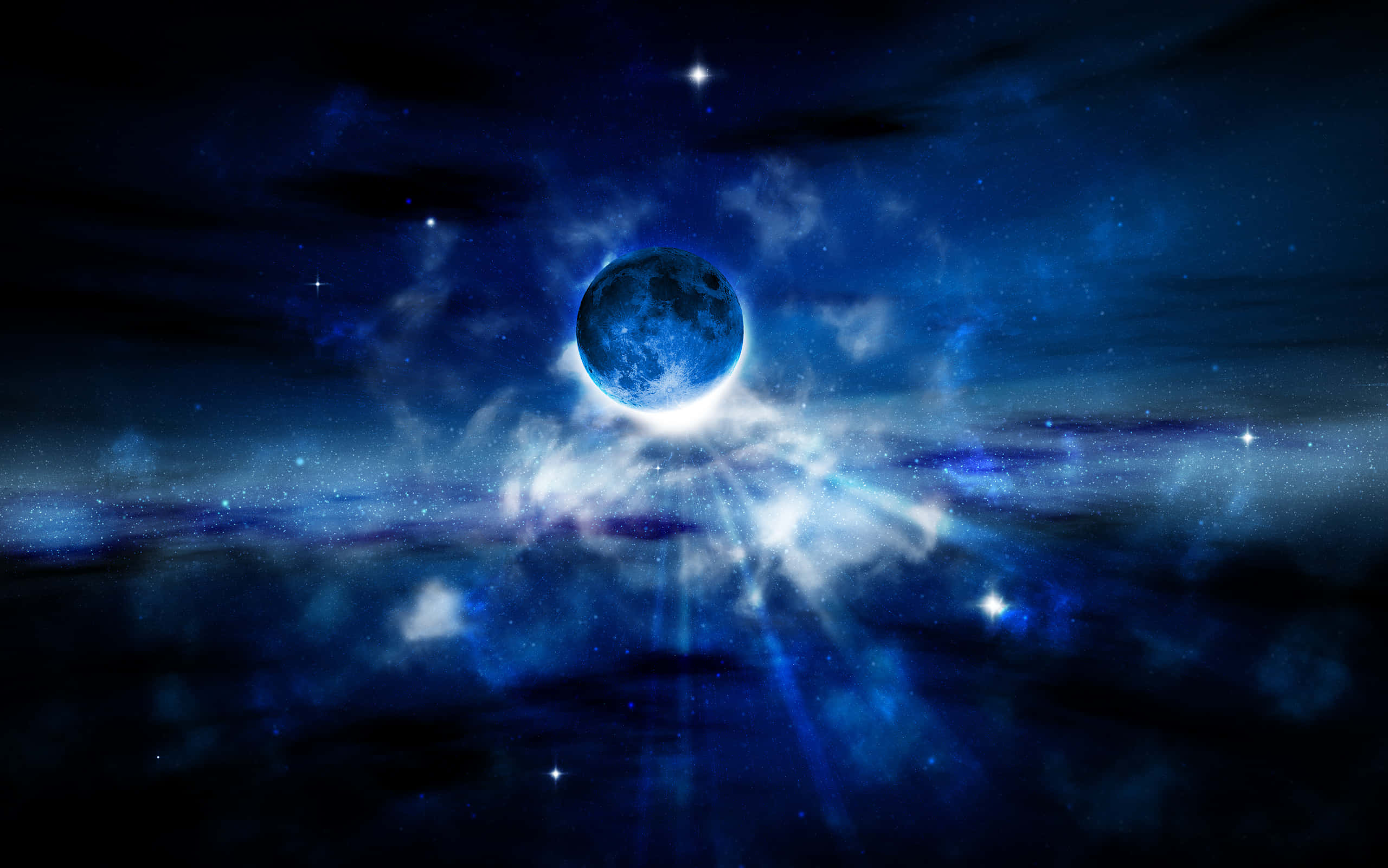 glowing blue moon, cosmic clouds, starry night sky, 2K Desktop Wallpaper