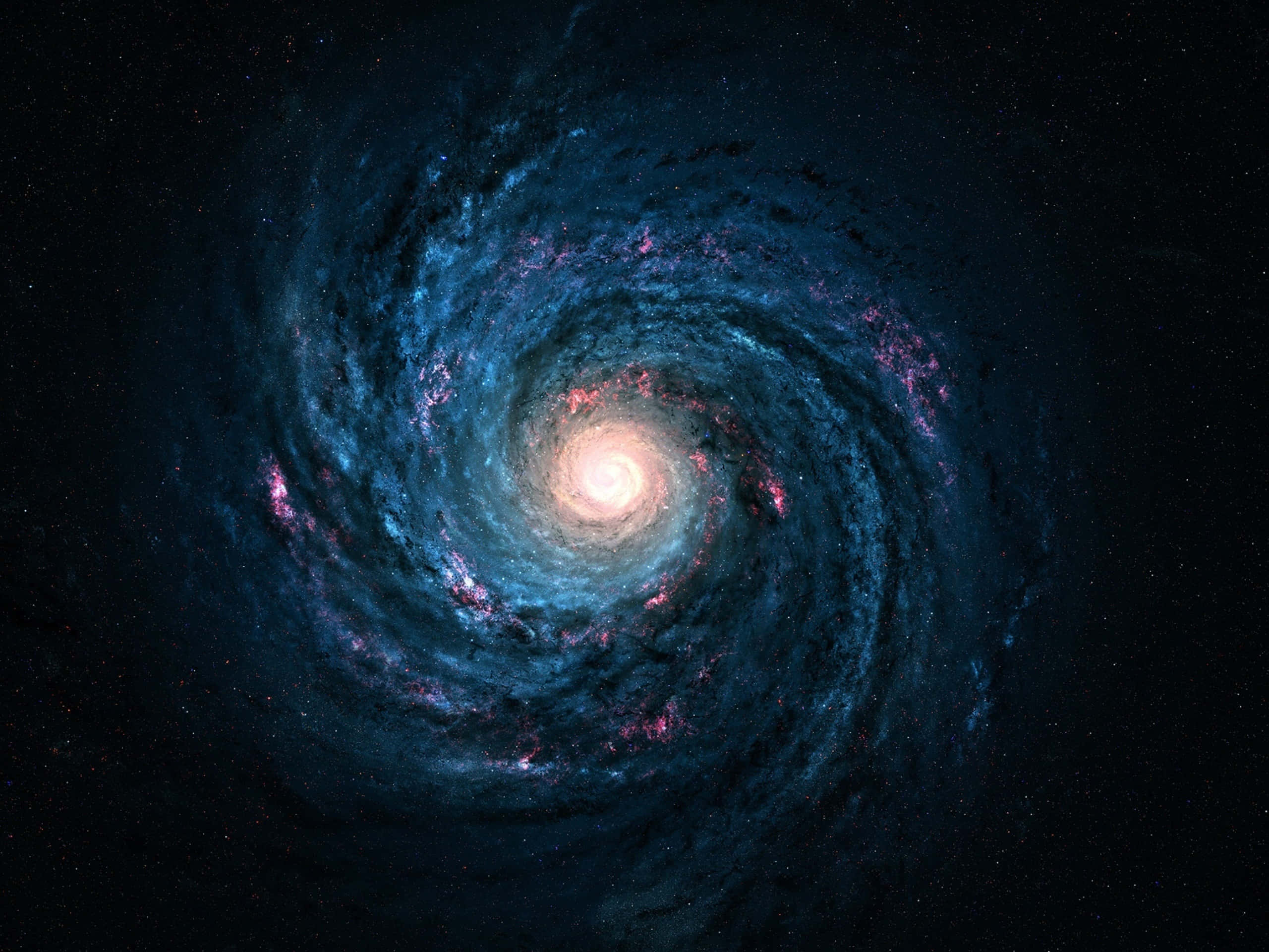 spiral galaxy, glowing blue arms, pink nebulae, 2K Desktop Wallpaper