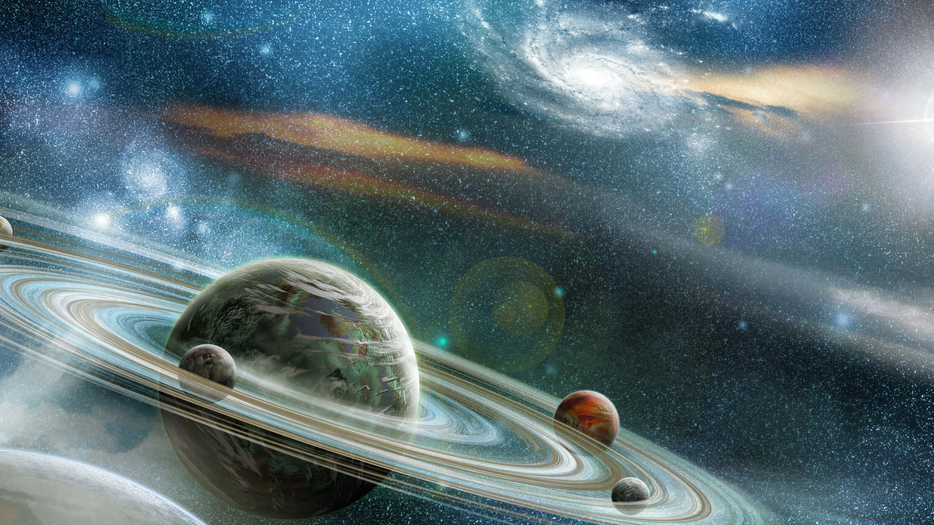 beautiful star, ringed planet, green continents, Full HD Desktop Wallpaper