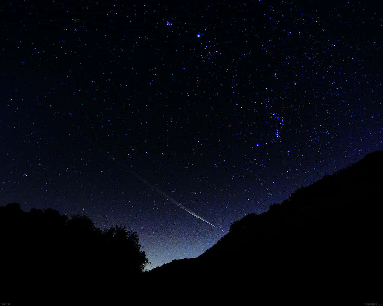 Starry Night Sky, meteor, dark mountain silhouettes, HD Desktop Wallpaper