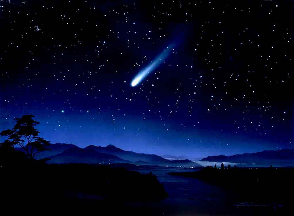 Starry Night Sky, luminous comet, silhouetted mountains, SD Desktop Wallpaper