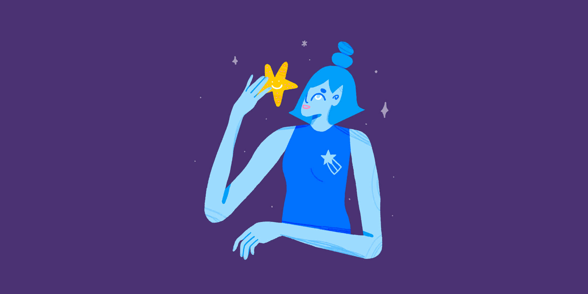 blue-skinned woman, blue hair, smiling yellow star, Full HD Desktop Wallpaper
