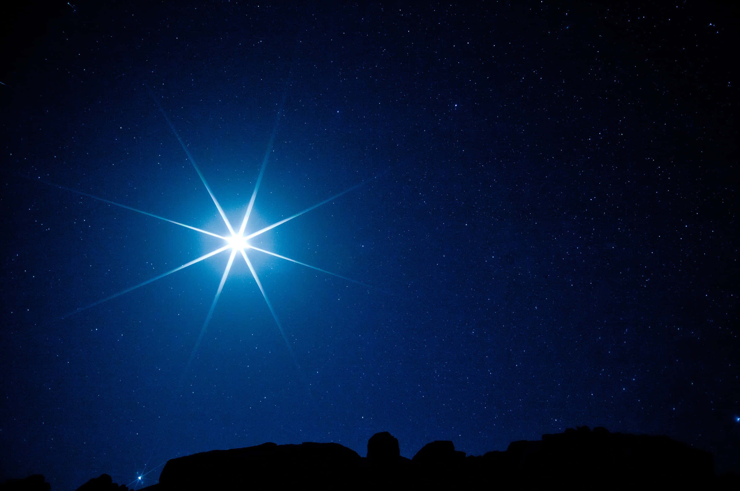 3D Star, deep blue night sky, radiant beams, 2K Desktop Wallpaper
