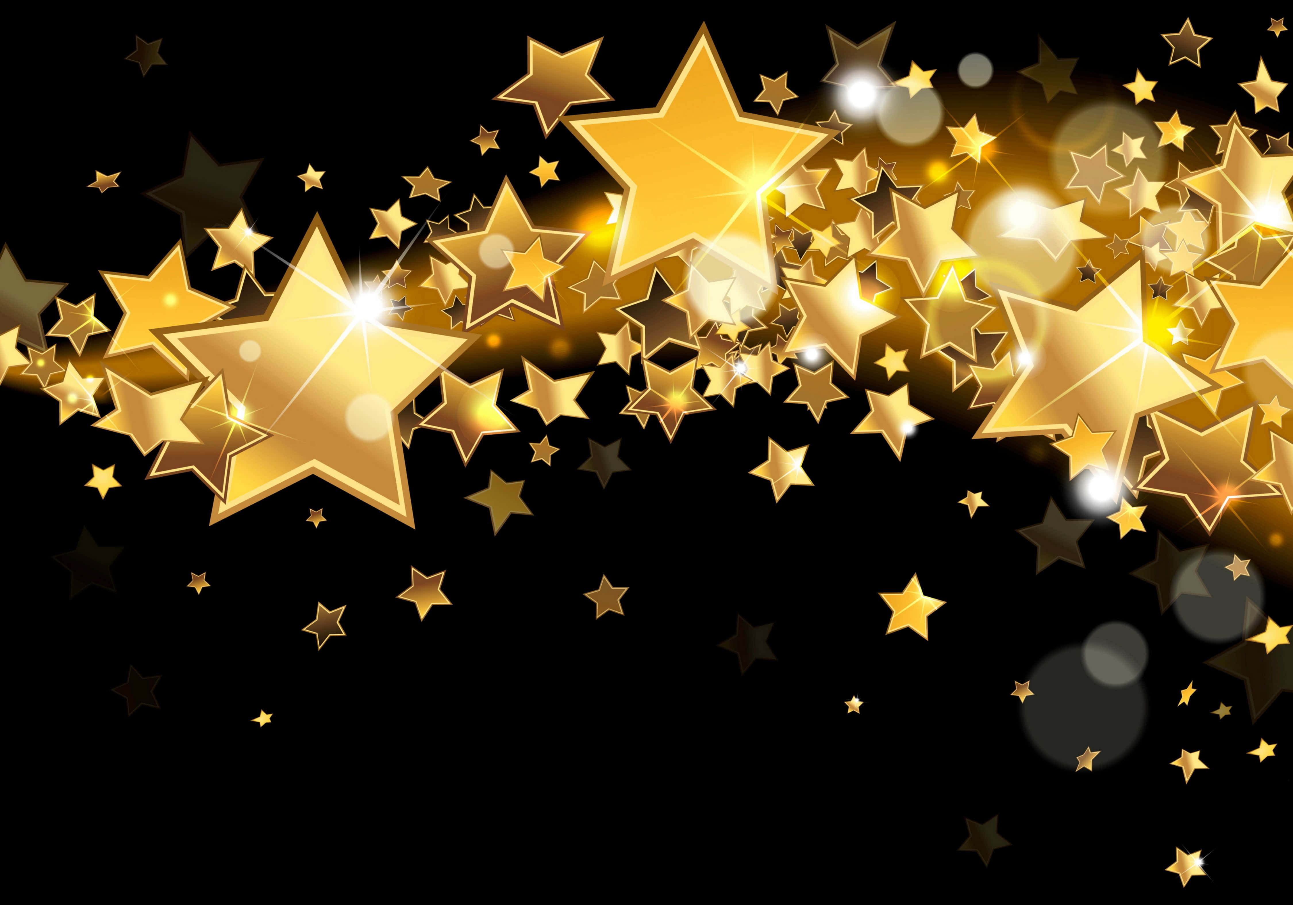gold stars, deep black background, soft bokeh effects, 4K Desktop Wallpaper
