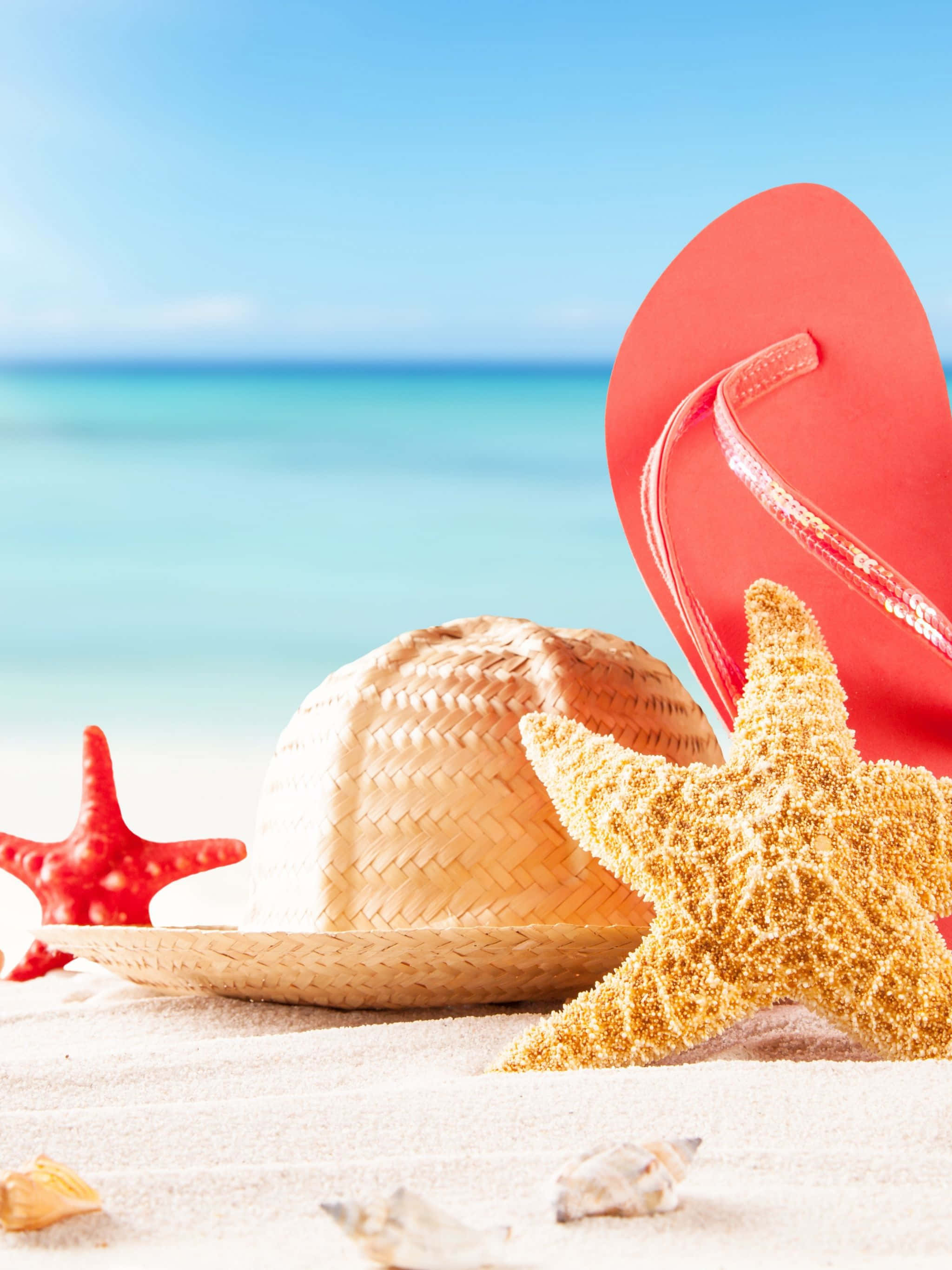 straw hat, red flip flops, starfish, 2K Phone Wallpaper