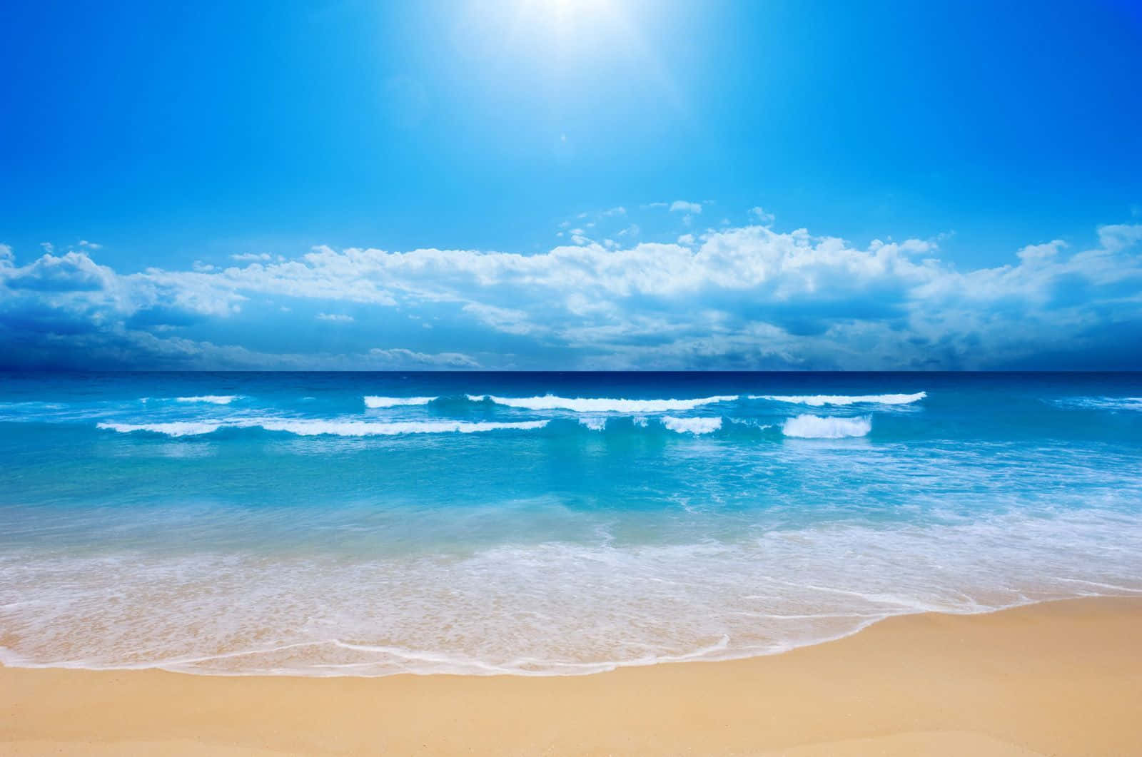 vibrant blue ocean, foamy waves, golden sand, HD Desktop Wallpaper