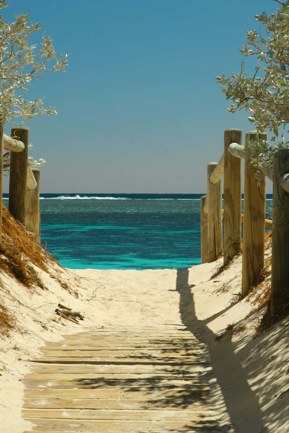 wooden boardwalk, sandy dunes, turquoise ocean waters, HD Phone Wallpaper