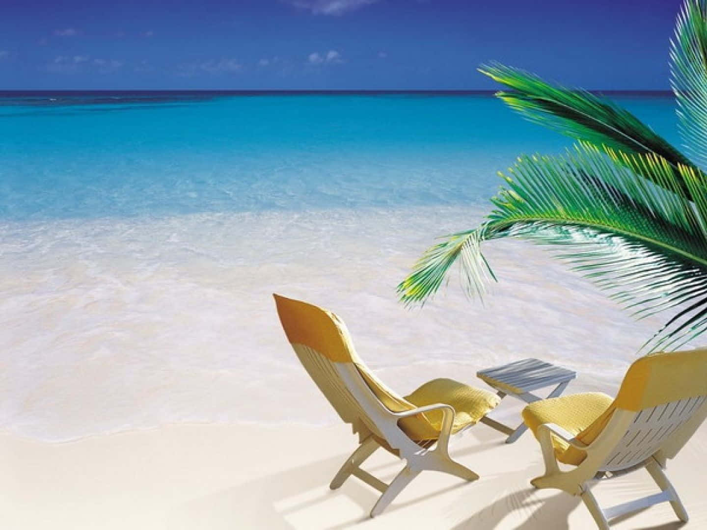 yellow beach chairs, white sand, palm frond, HD Desktop Wallpaper