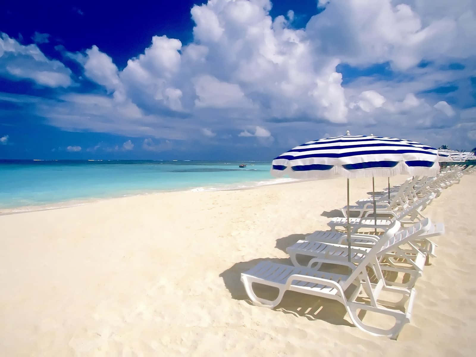 white lounge chairs, blue and white striped umbrellas, pristine white sand beach, HD Desktop Wallpaper