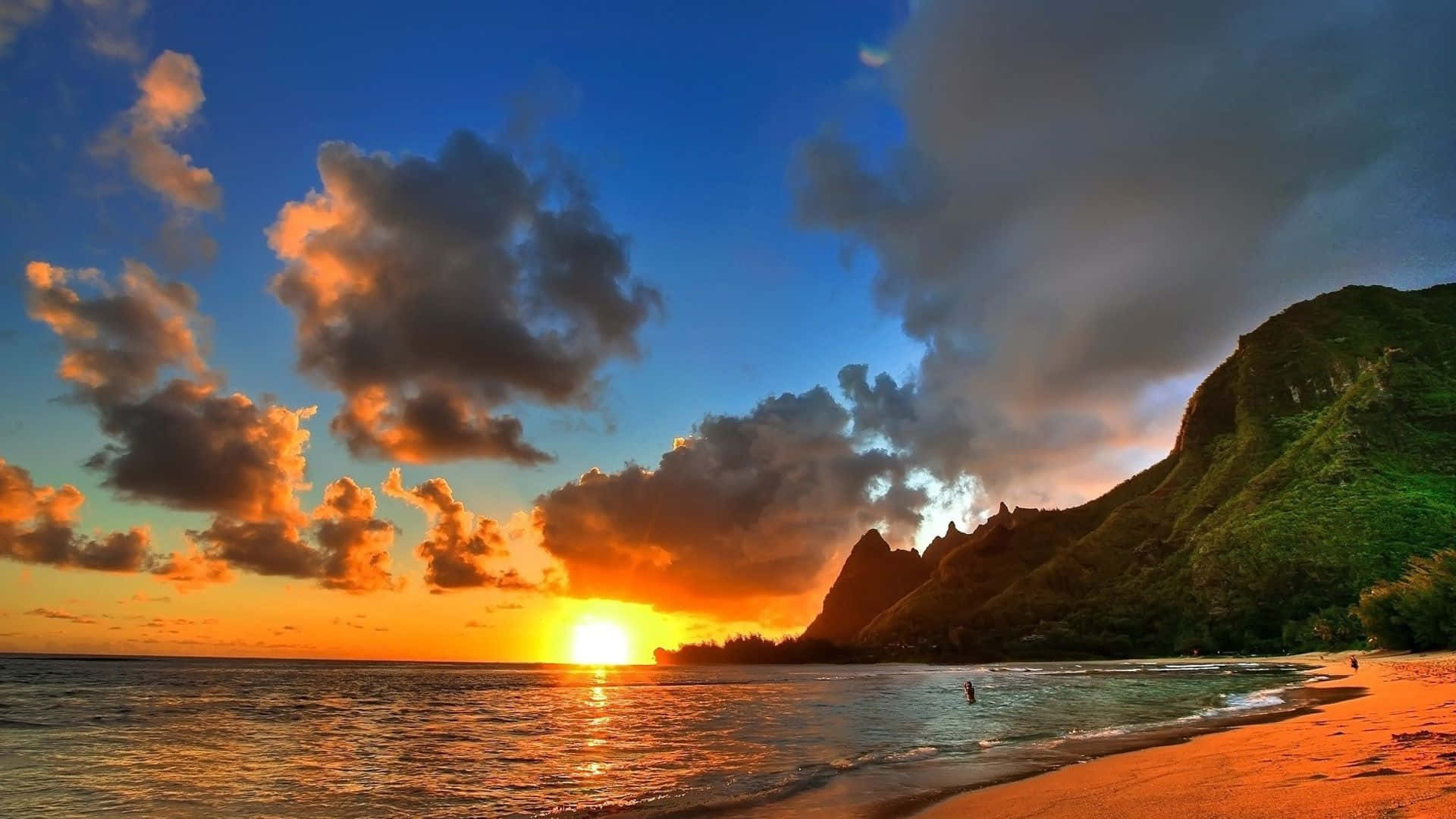 sunset, tropical beach, green cliffs, Full HD Desktop Wallpaper