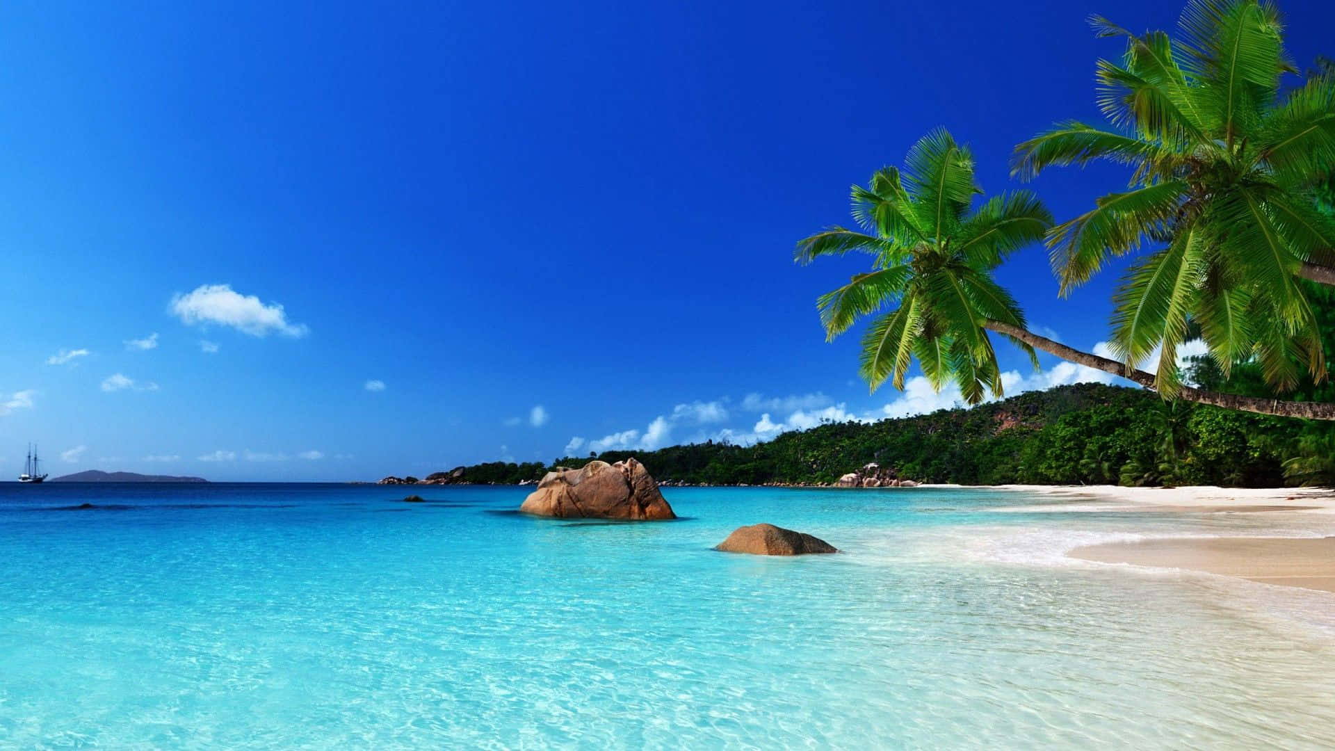 sunset, tropical beach, turquoise waters, Full HD Desktop Wallpaper