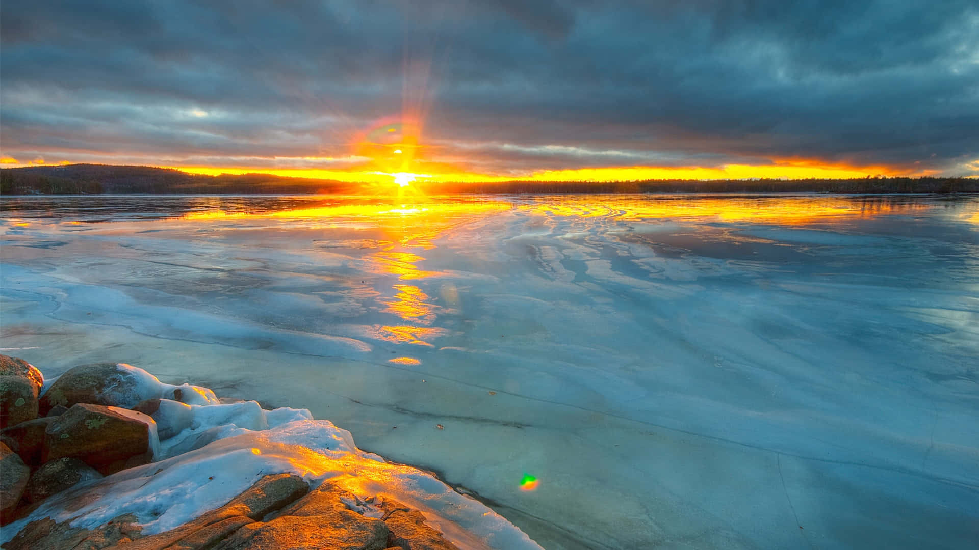 sunset, golden light, frozen lake, Full HD Desktop Wallpaper