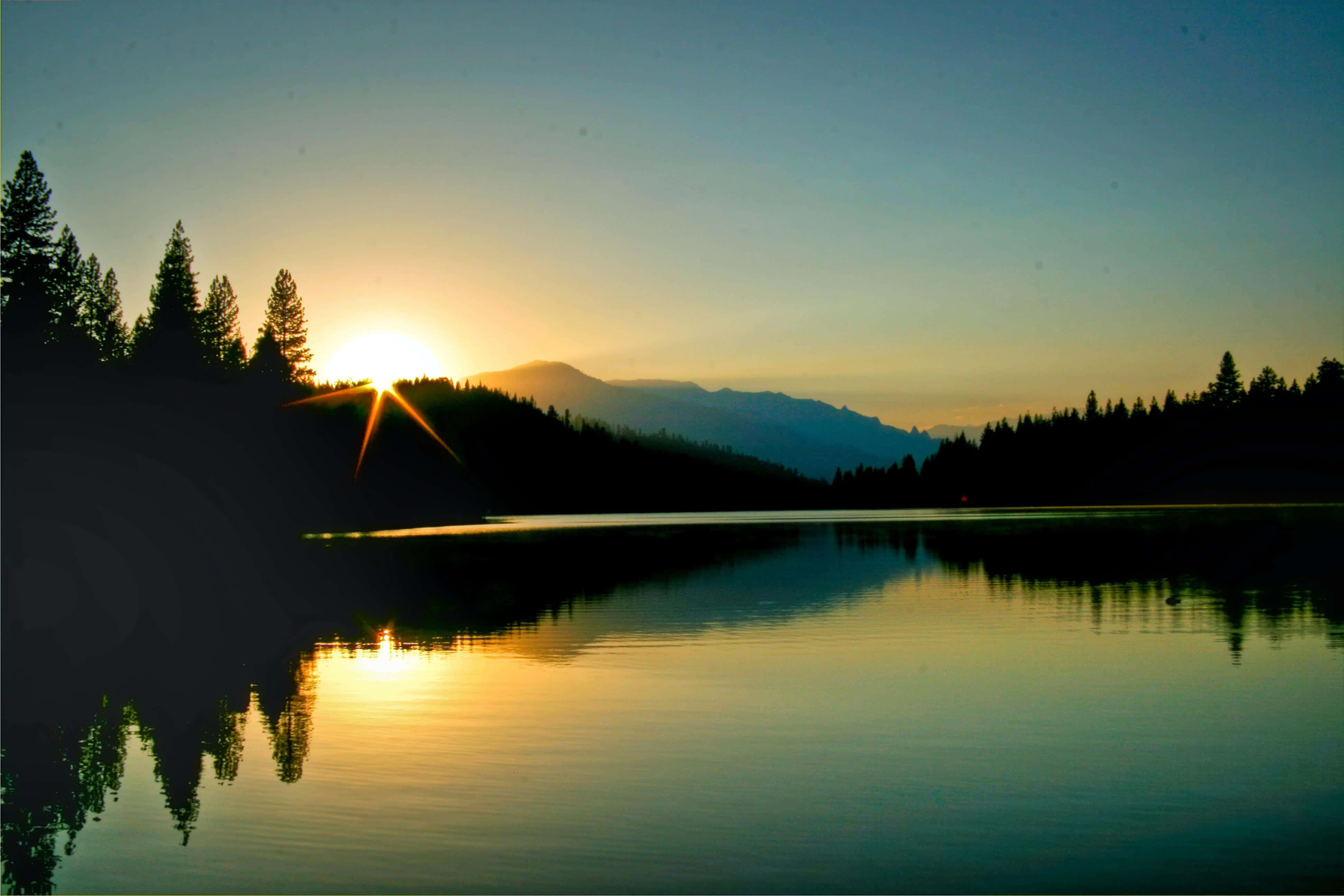 Sunset, lake, trees, 4K Desktop Wallpaper