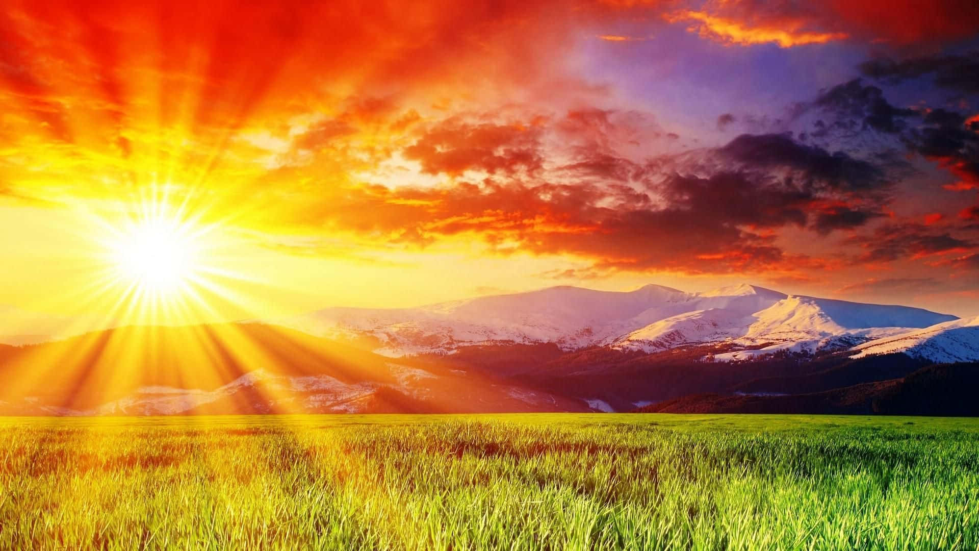 sunrise, fiery orange sky, snow-capped mountains, Full HD Desktop Wallpaper