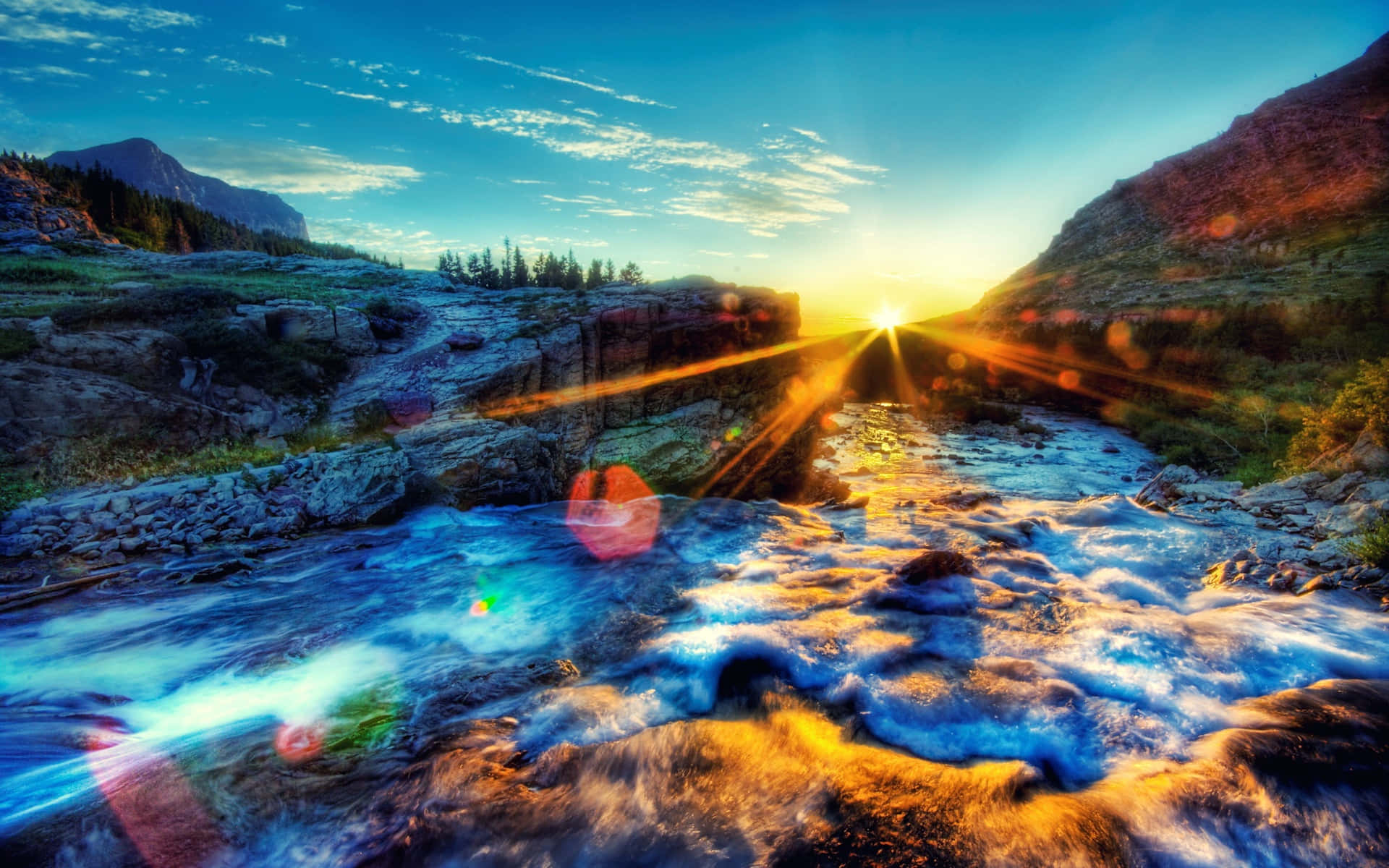 Sunset, mountain peaks, rushing river, Full HD Desktop Wallpaper
