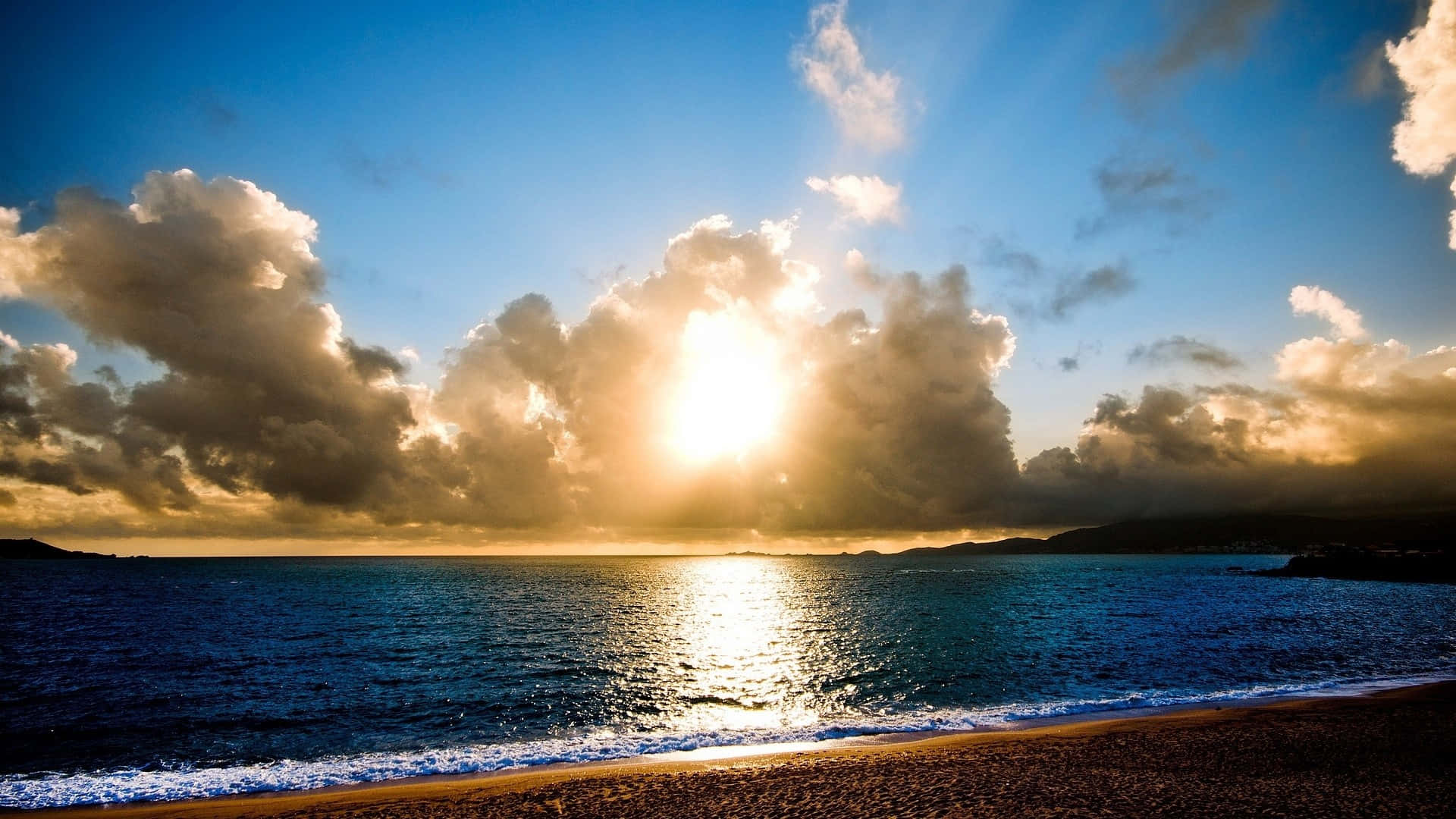 Sunset, golden light, calm ocean, Full HD Desktop Wallpaper