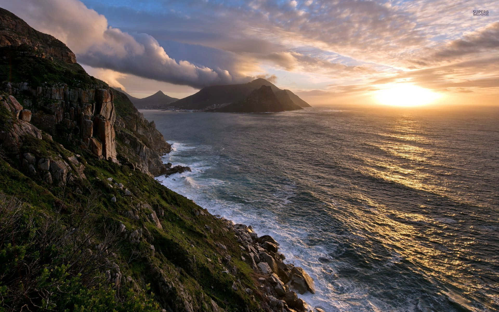 Sunset, gold, waves, Full HD Desktop Wallpaper