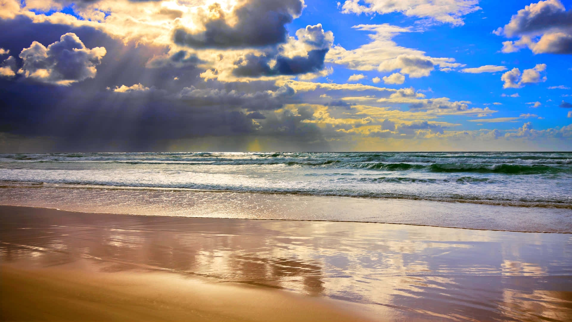 beautiful sunshine, golden rays, wet sandy beach, Full HD Desktop Wallpaper