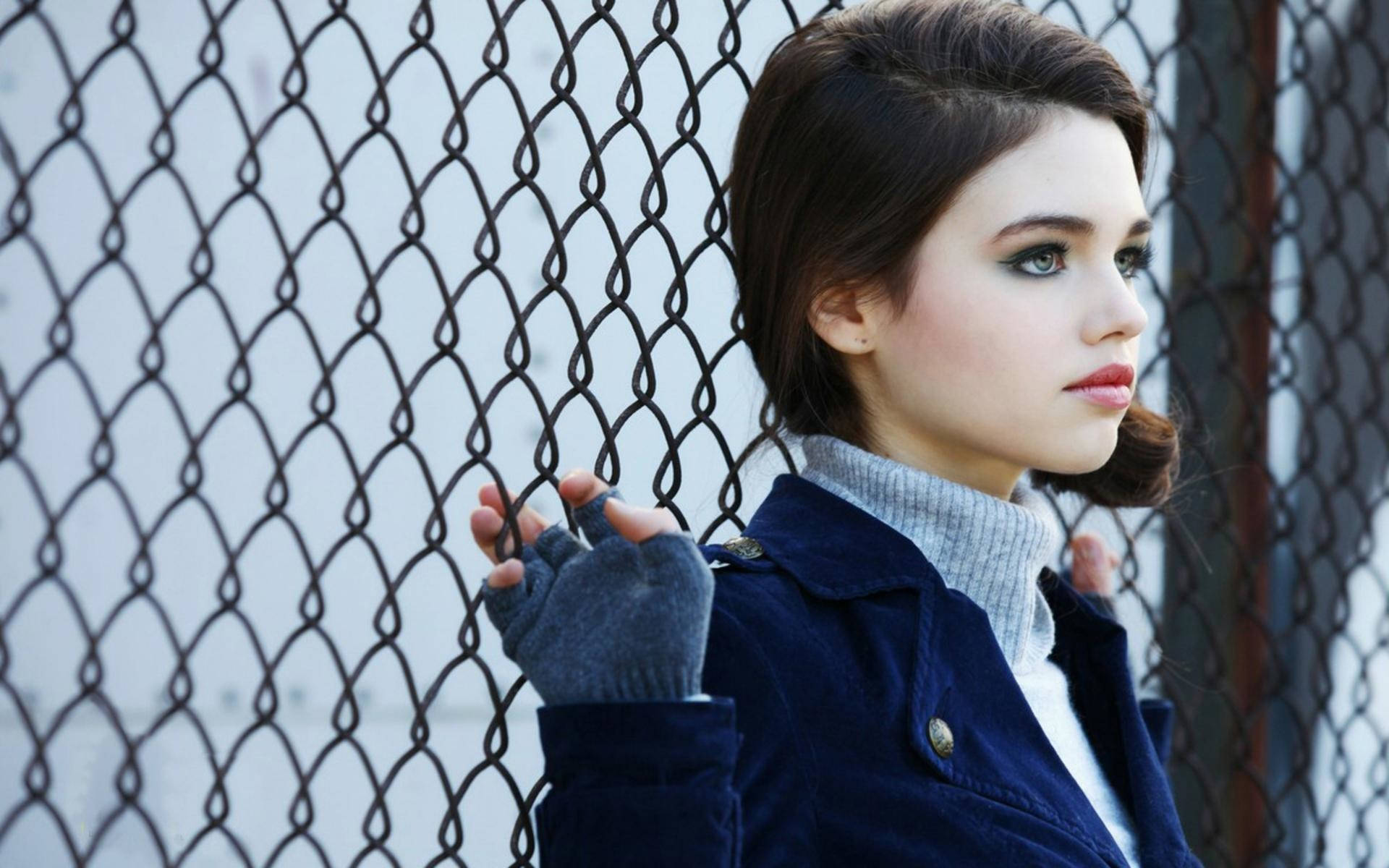 chain-link fence, blue jacket, fingerless gloves, Full HD Desktop Wallpaper