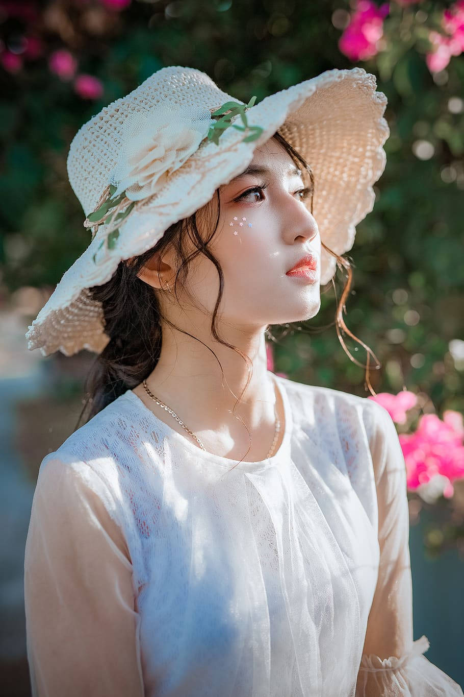 white woven hat, sheer blouse, soft pink flowers, HD Phone Wallpaper