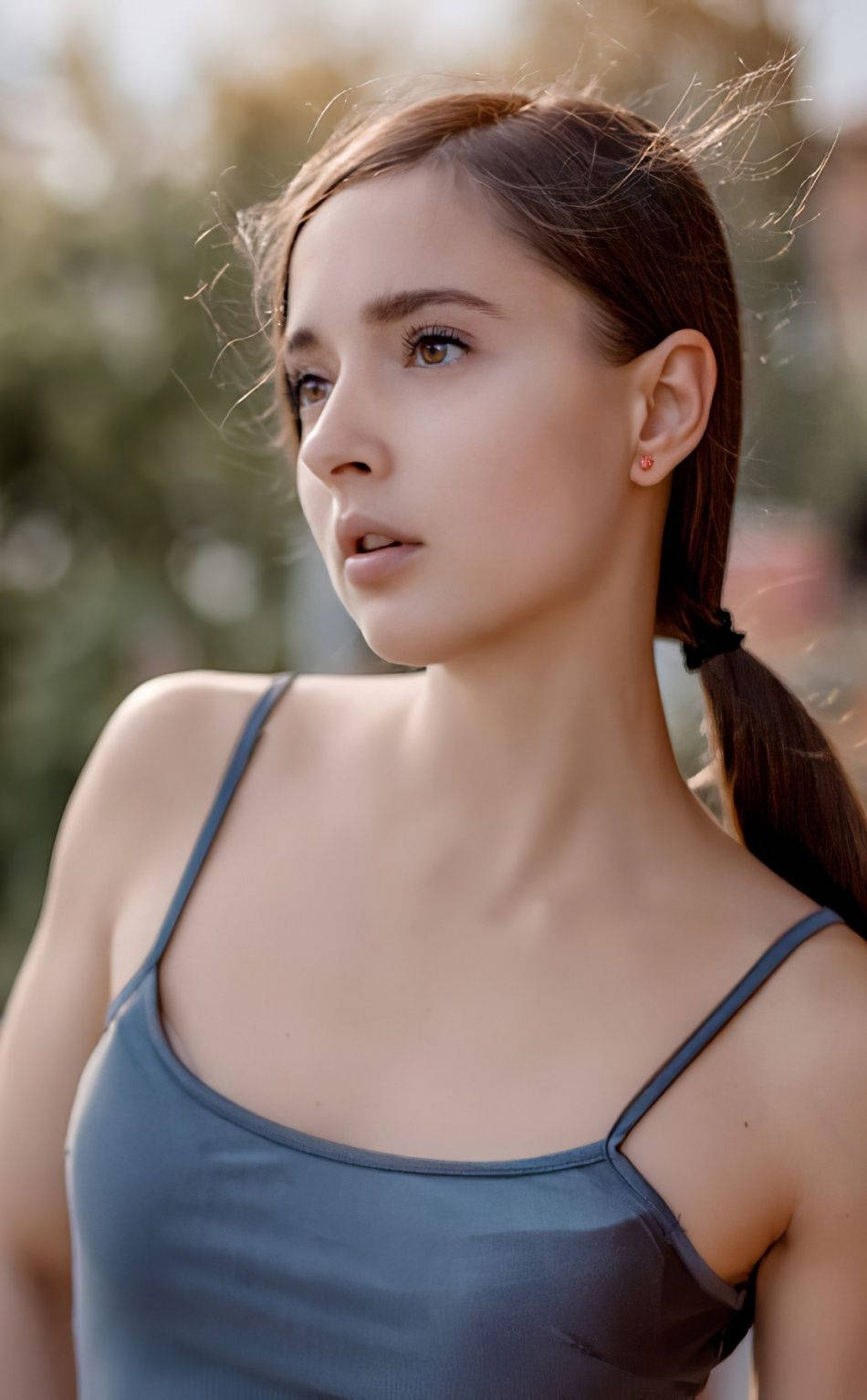 beautiful teenage girl, sleeveless top, ponytail, HD Phone Wallpaper