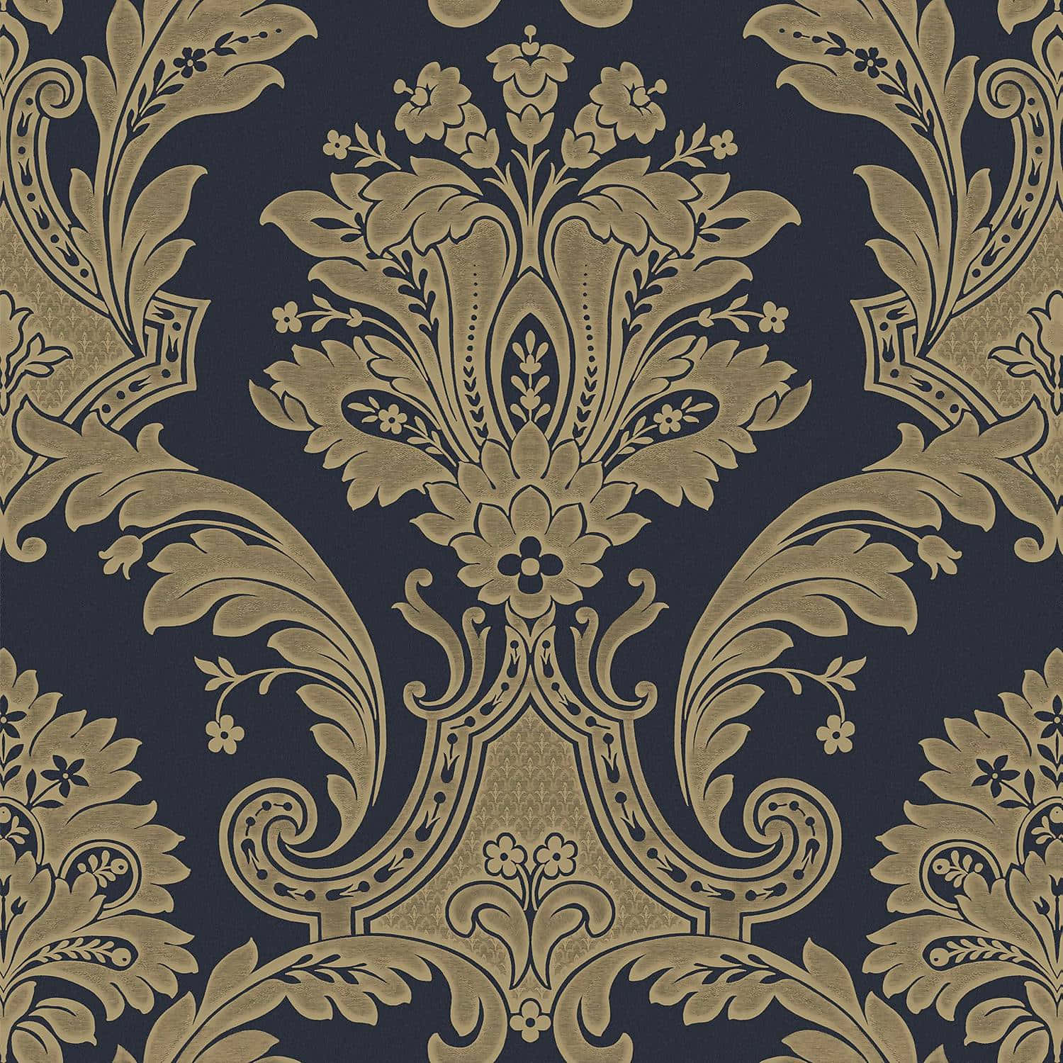 gold damask floral pattern, deep navy blue, intricate swirling vines, HD Desktop Wallpaper