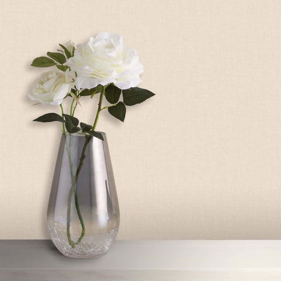 white roses, textured glass vase, beige linen wall, SD Desktop Wallpaper