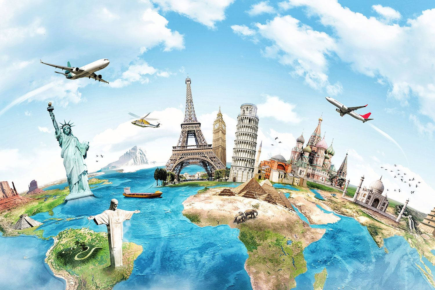 global landmarks, stylized world map, bright blue sky, HD Desktop Wallpaper