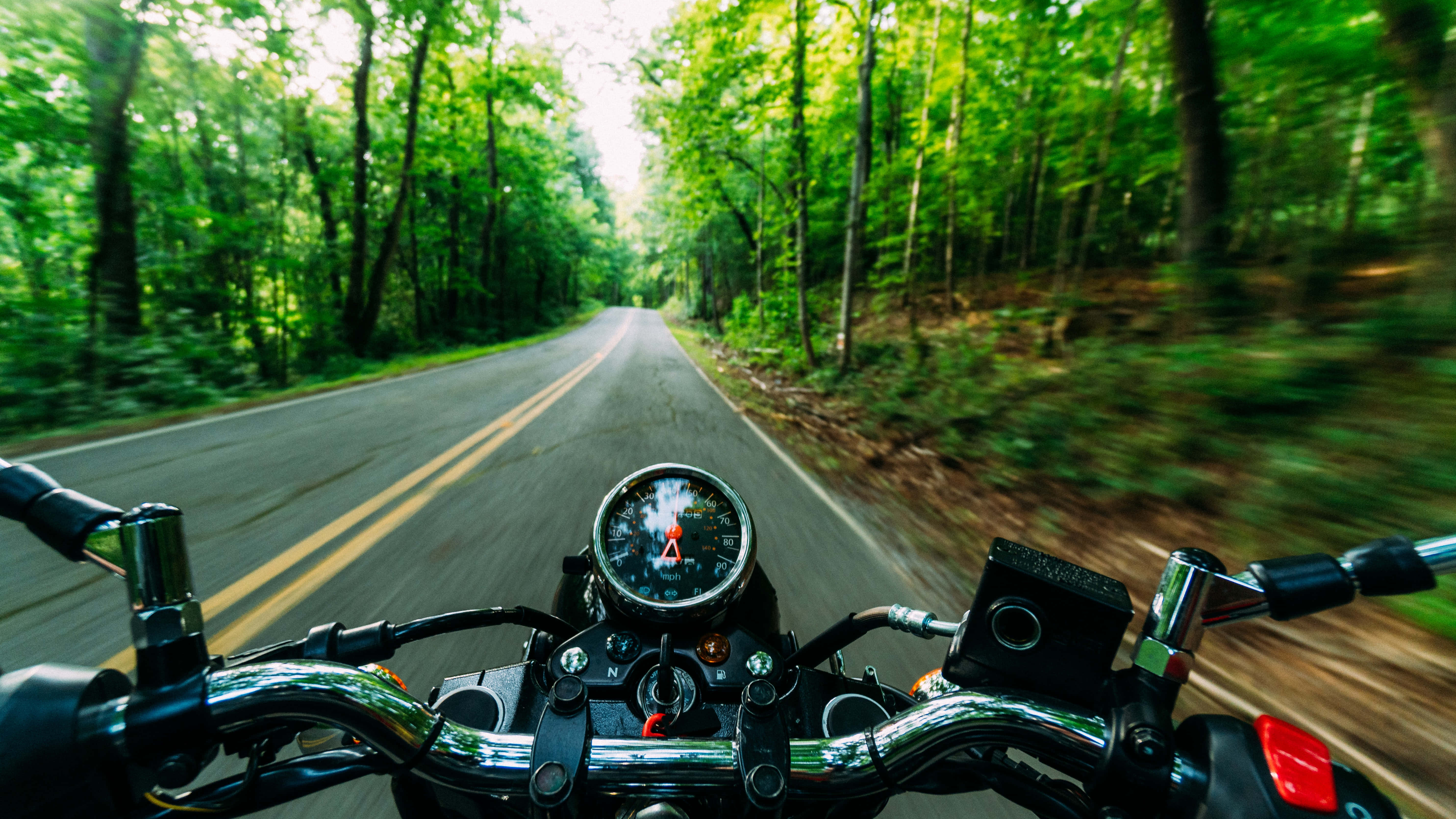 chrome motorcycle, sunlit forest road, blurred green trees, 5K Desktop Wallpaper