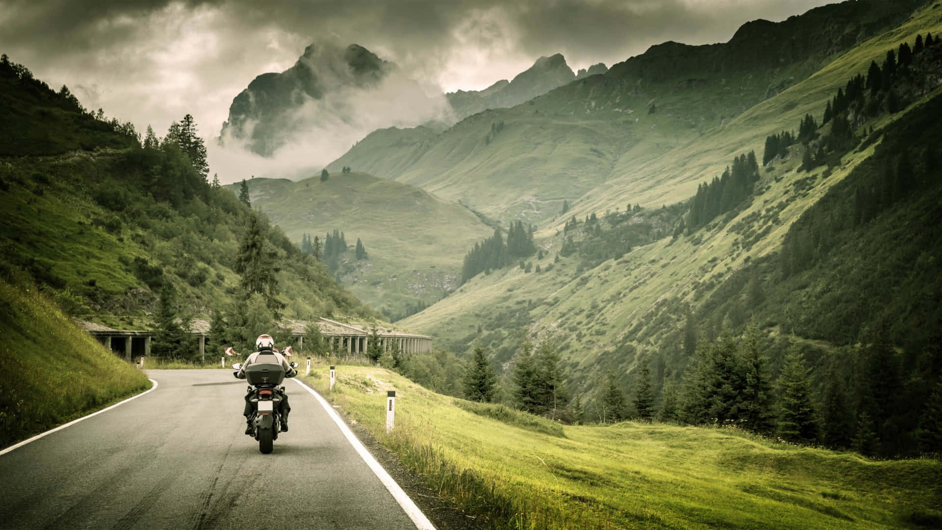 Sunset, mountain road, lush green valleys, Full HD Desktop Wallpaper