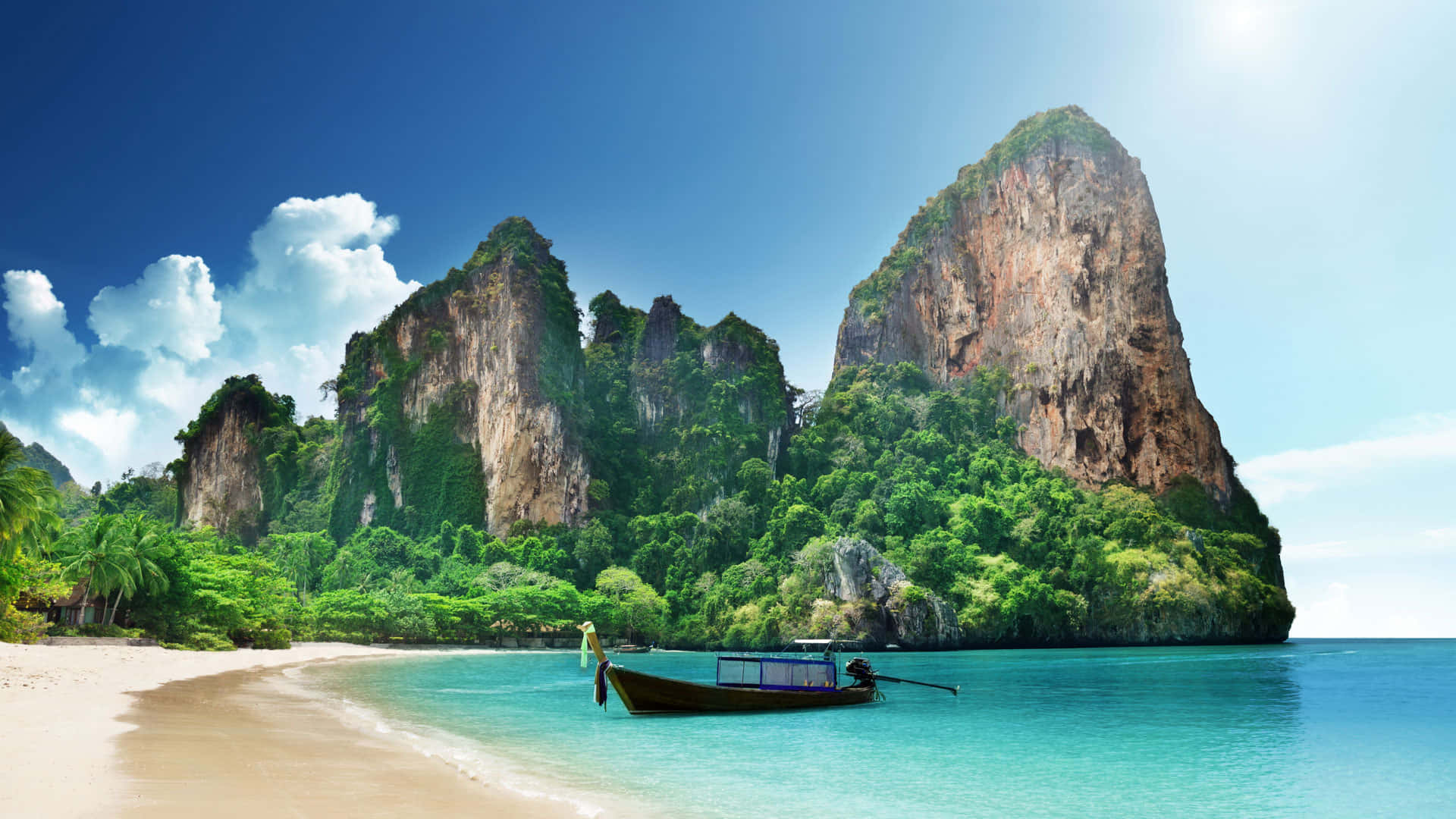longtail boat, turquoise waters, white sand beach, Full HD Desktop Wallpaper