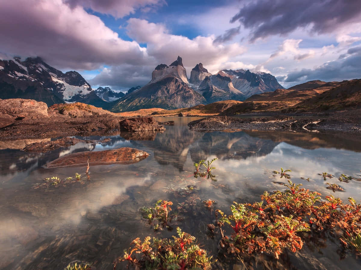 mountain lake, jagged peaks, twilight sky, SD Desktop Wallpaper