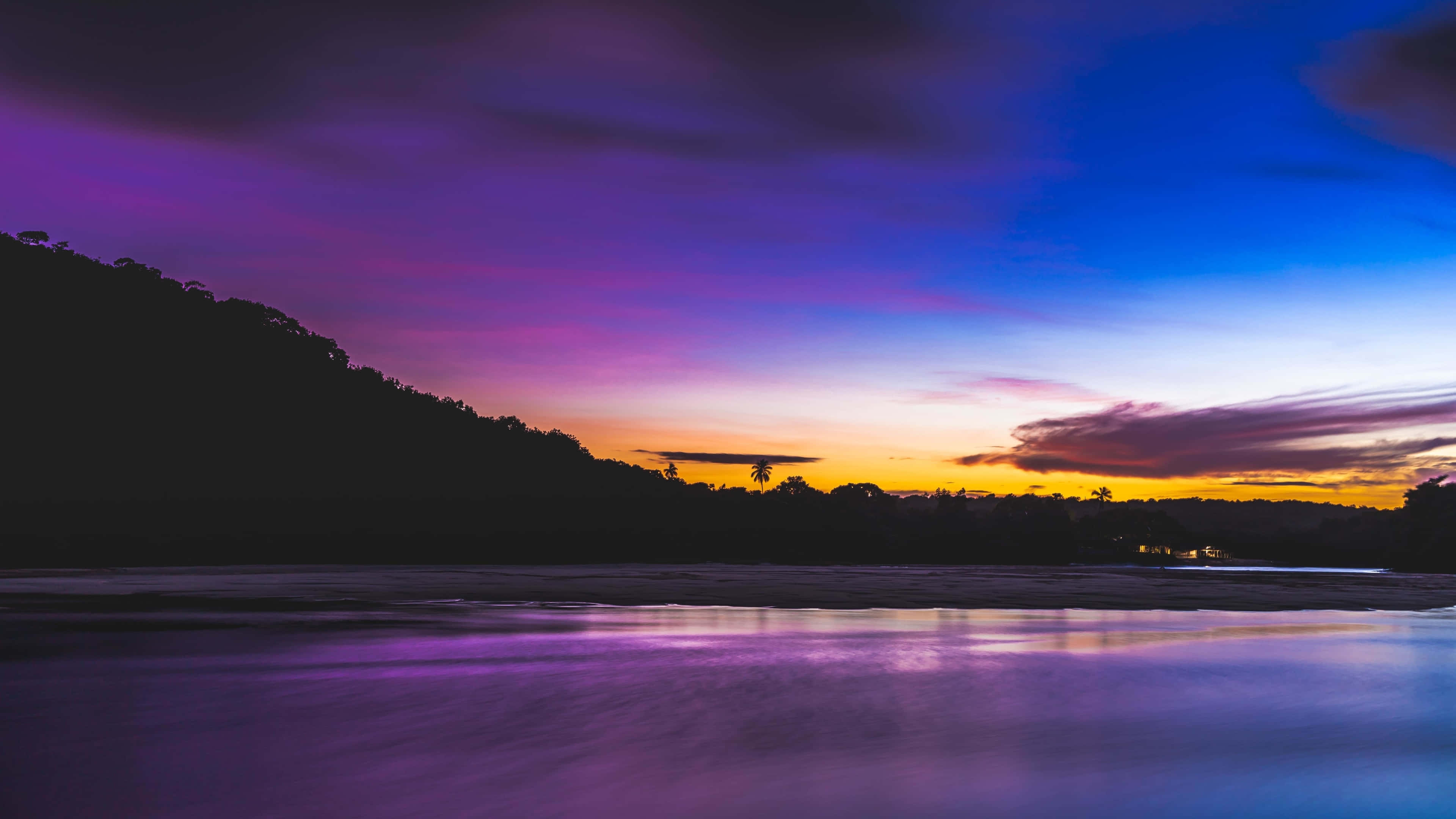 beach, twilight, purple and orange sky, 4K Desktop Wallpaper