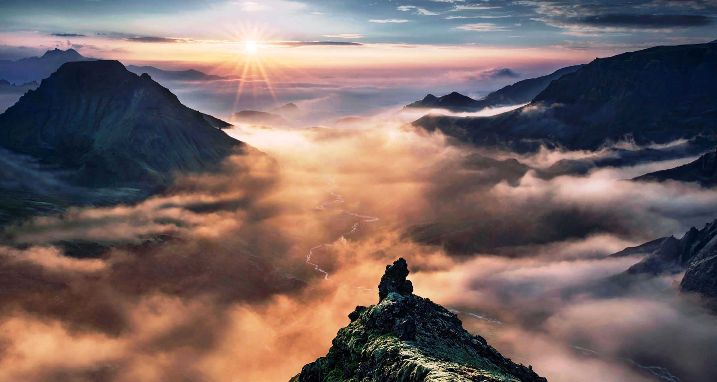 sunrise, misty mountains, golden light, Full HD Desktop Wallpaper