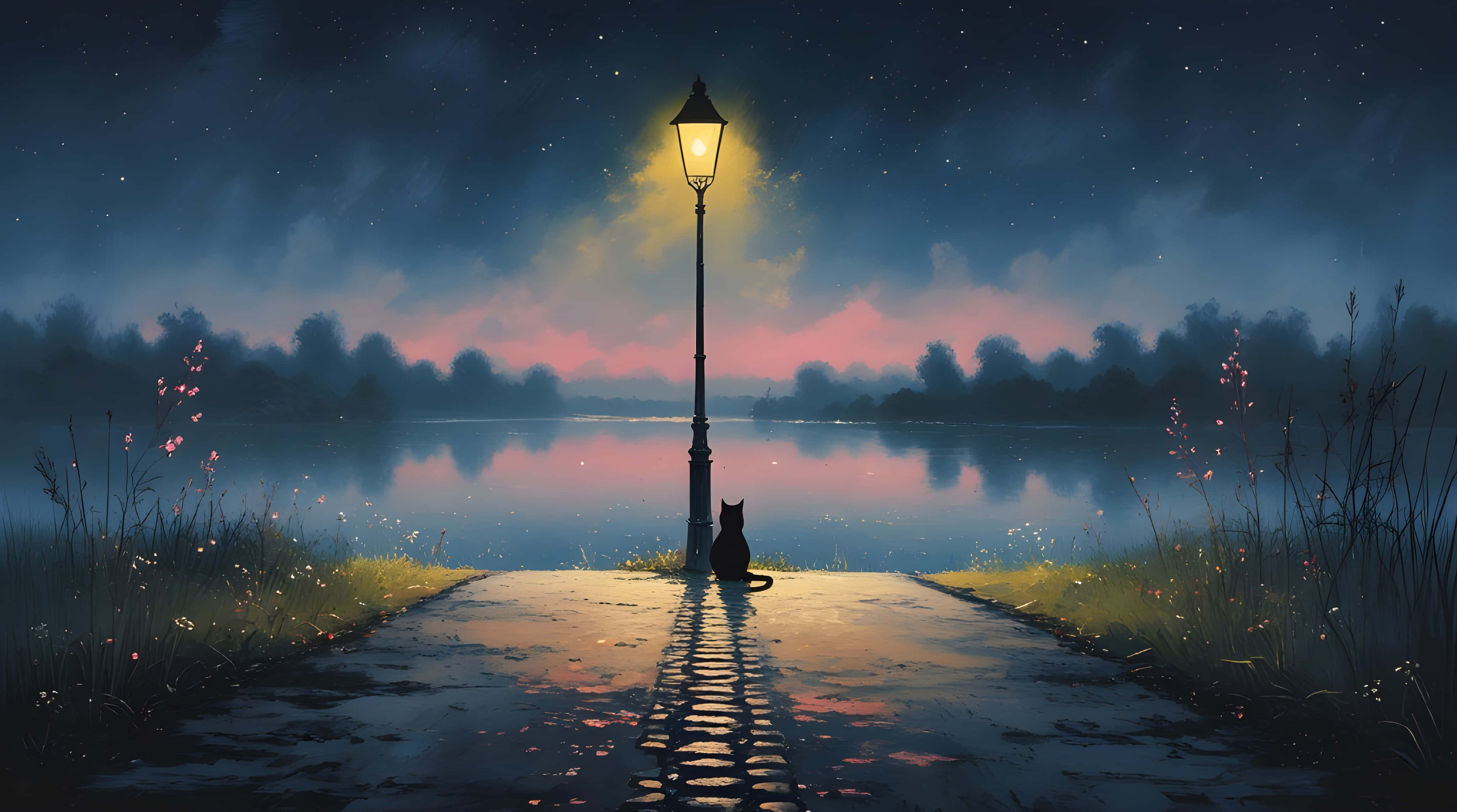 black cat, glowing streetlamp, wet stone path, 4K Desktop Wallpaper