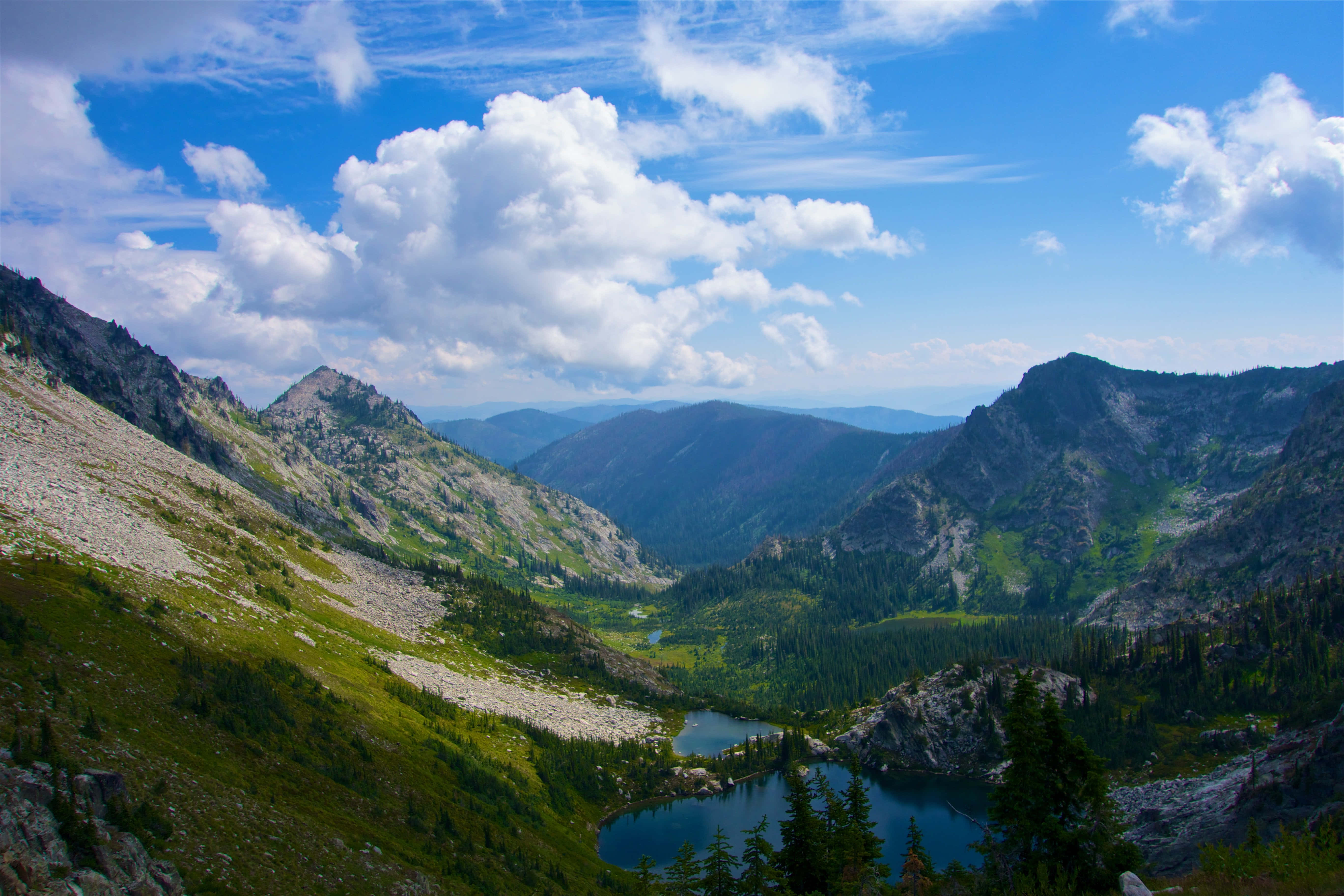 Early Morning Sunrise, mountain valley, deep blue lake, 5K Desktop Wallpaper