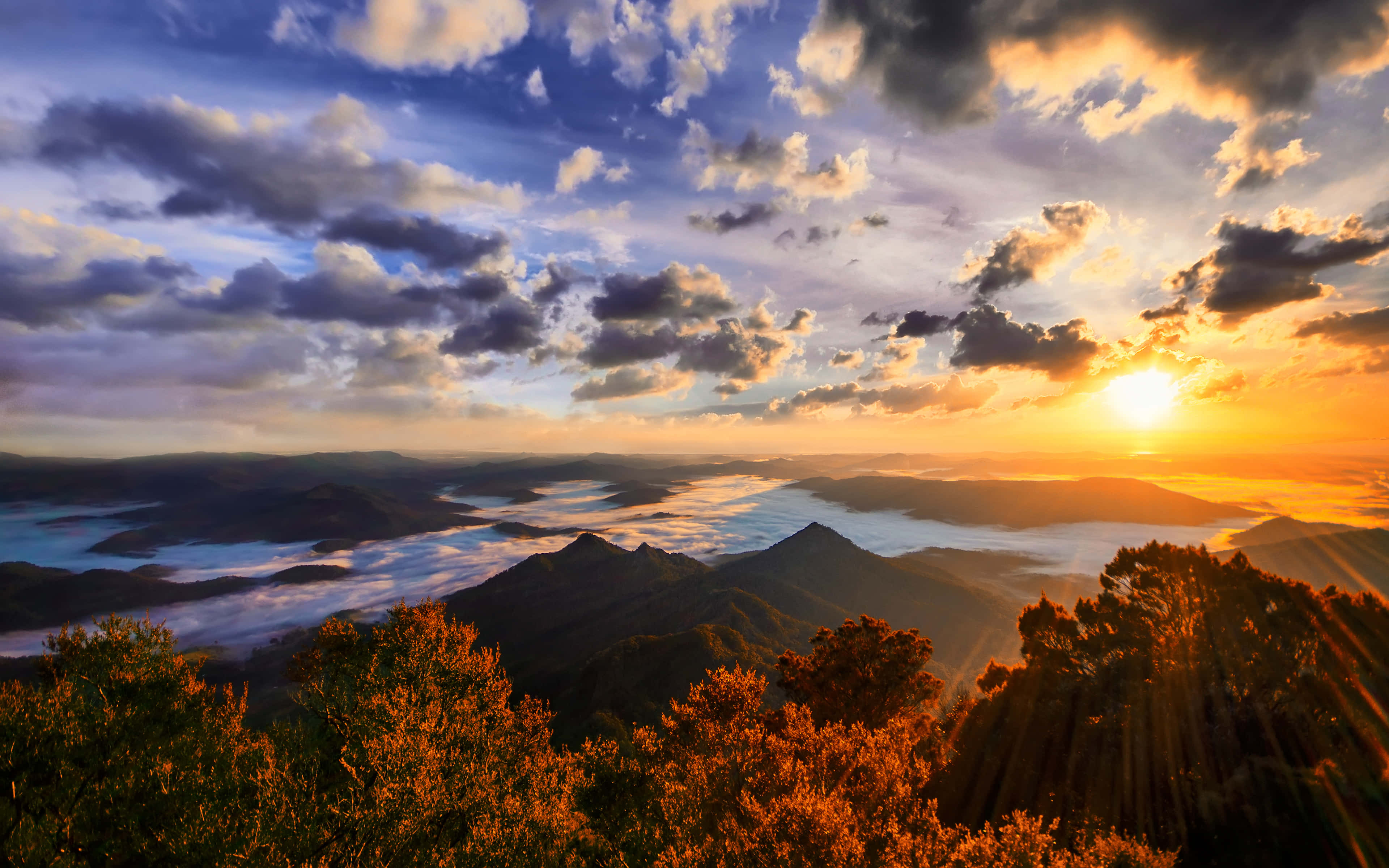 Sunset, mountain peaks, golden light, 4K Desktop Wallpaper