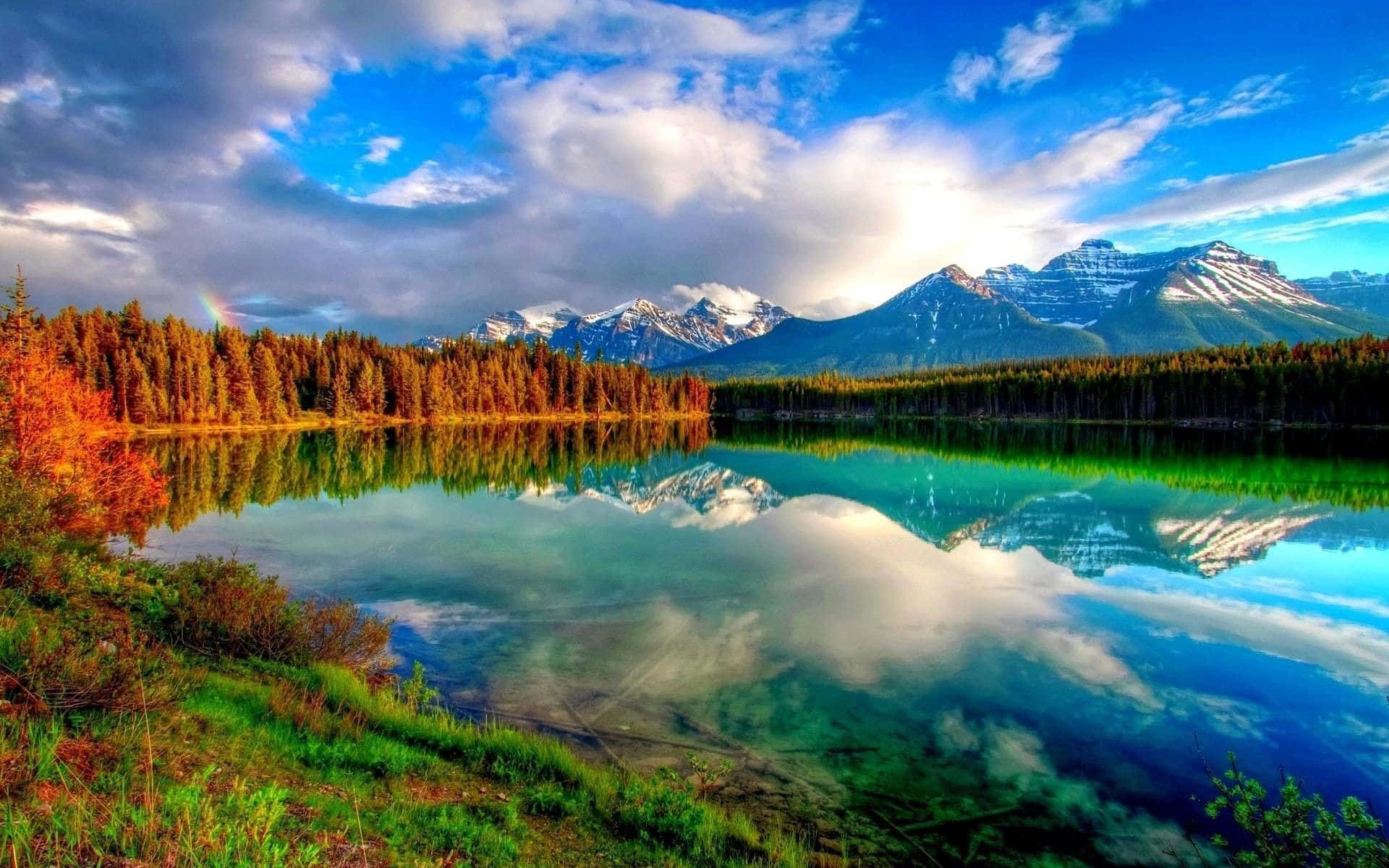 autumn lake, snow-capped mountains, rainbow, Full HD Desktop Wallpaper