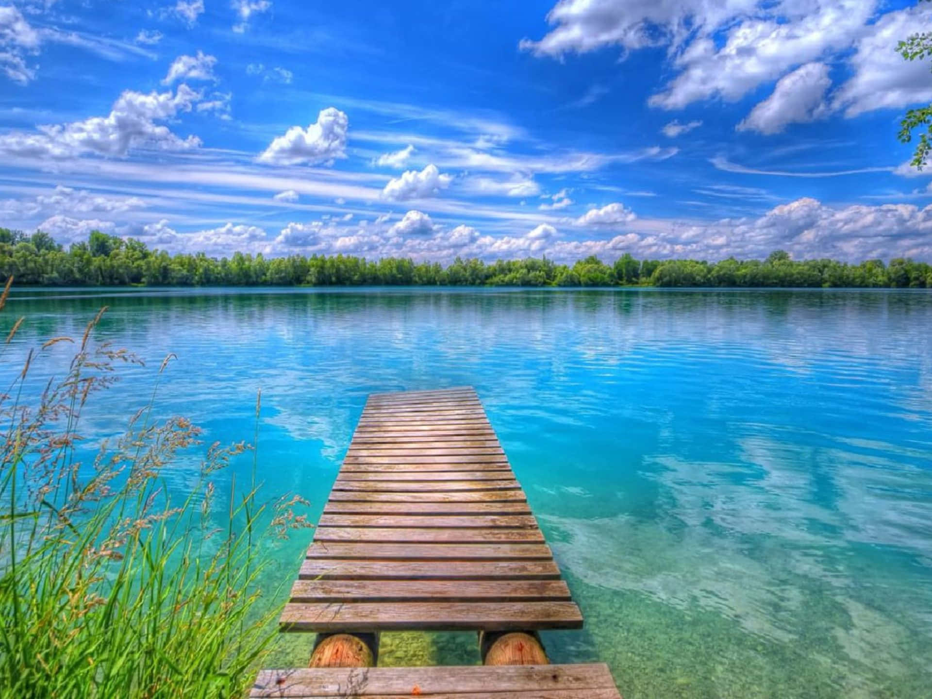 bridge, magnificent lake, wooden dock, Full HD Desktop Wallpaper