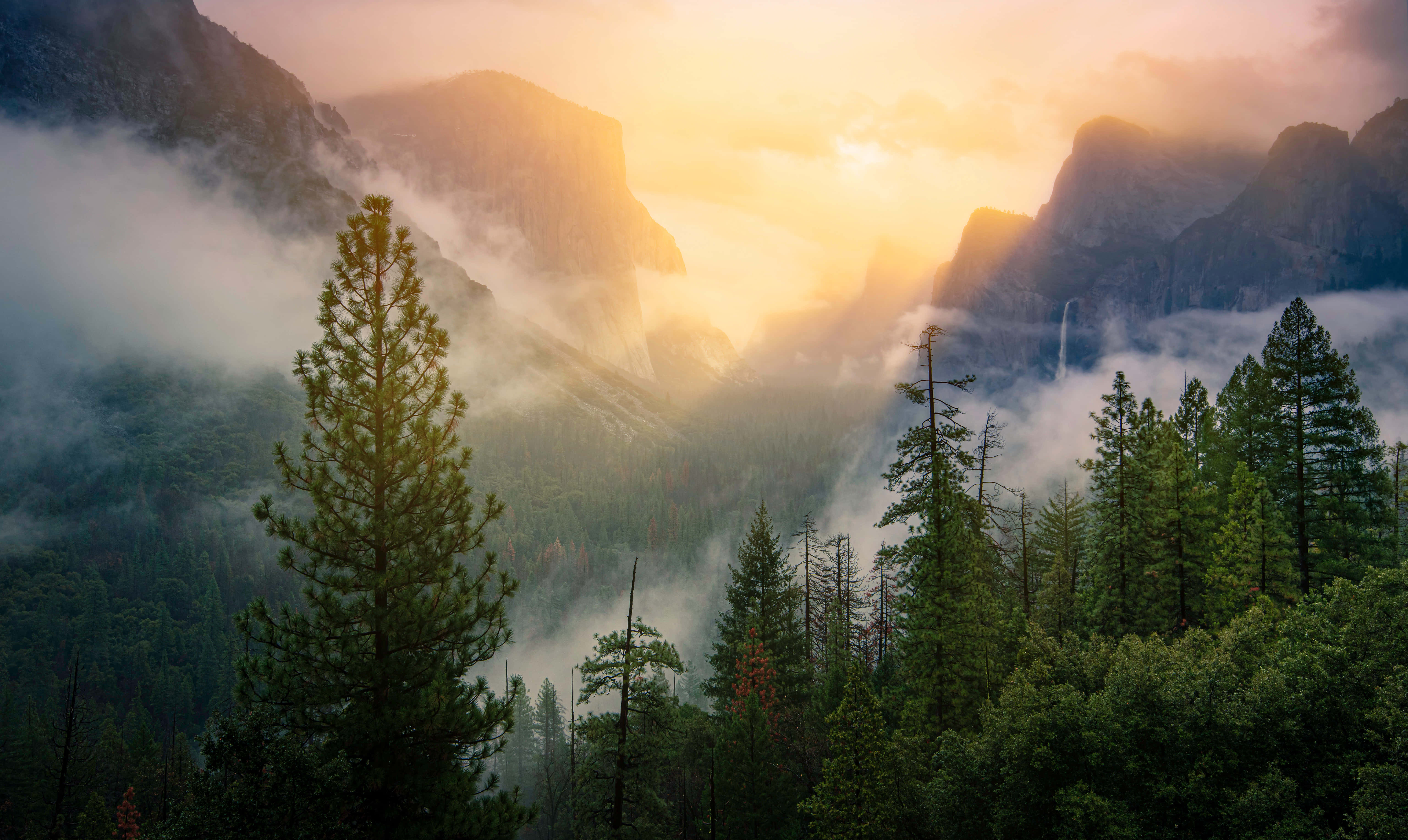 Sunlight, misty mountains, golden glow, 5K Desktop Wallpaper