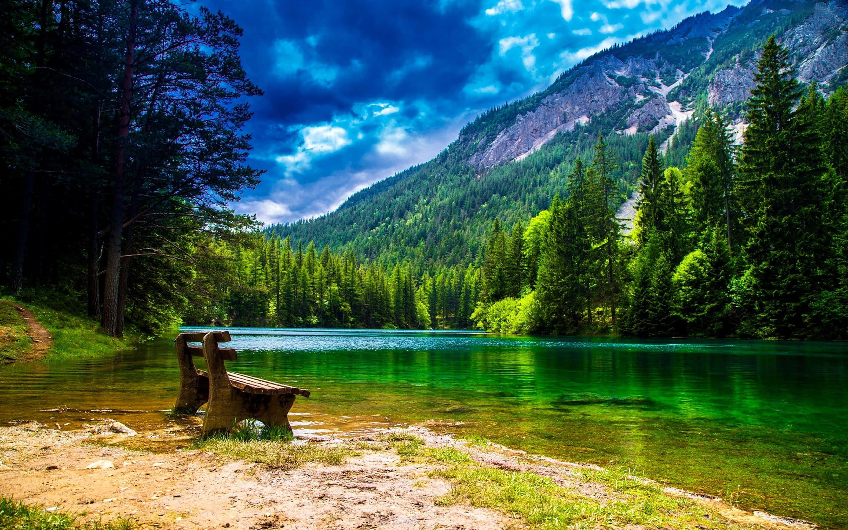 emerald lake, pine forests, towering mountains, 2K Desktop Wallpaper