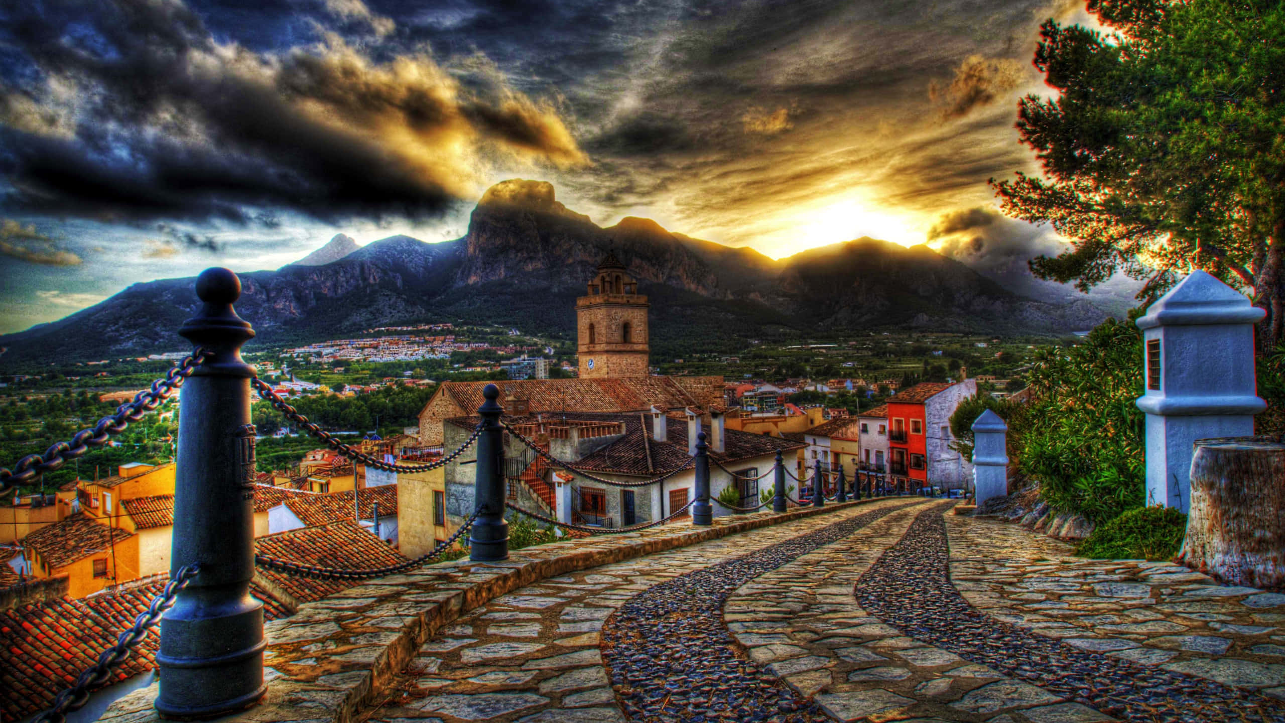 sunset, colorful village, winding stone path, 2K Desktop Wallpaper