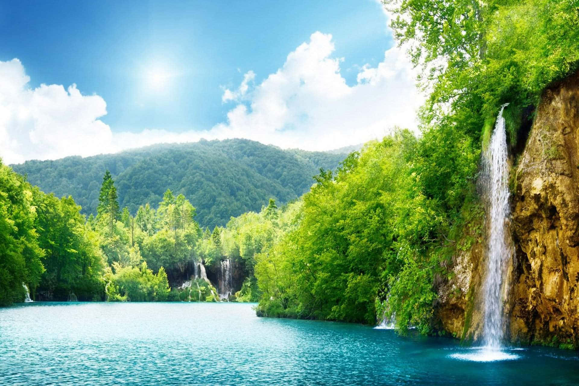 turquoise lake, lush green forests, cascading waterfalls, Full HD Desktop Wallpaper