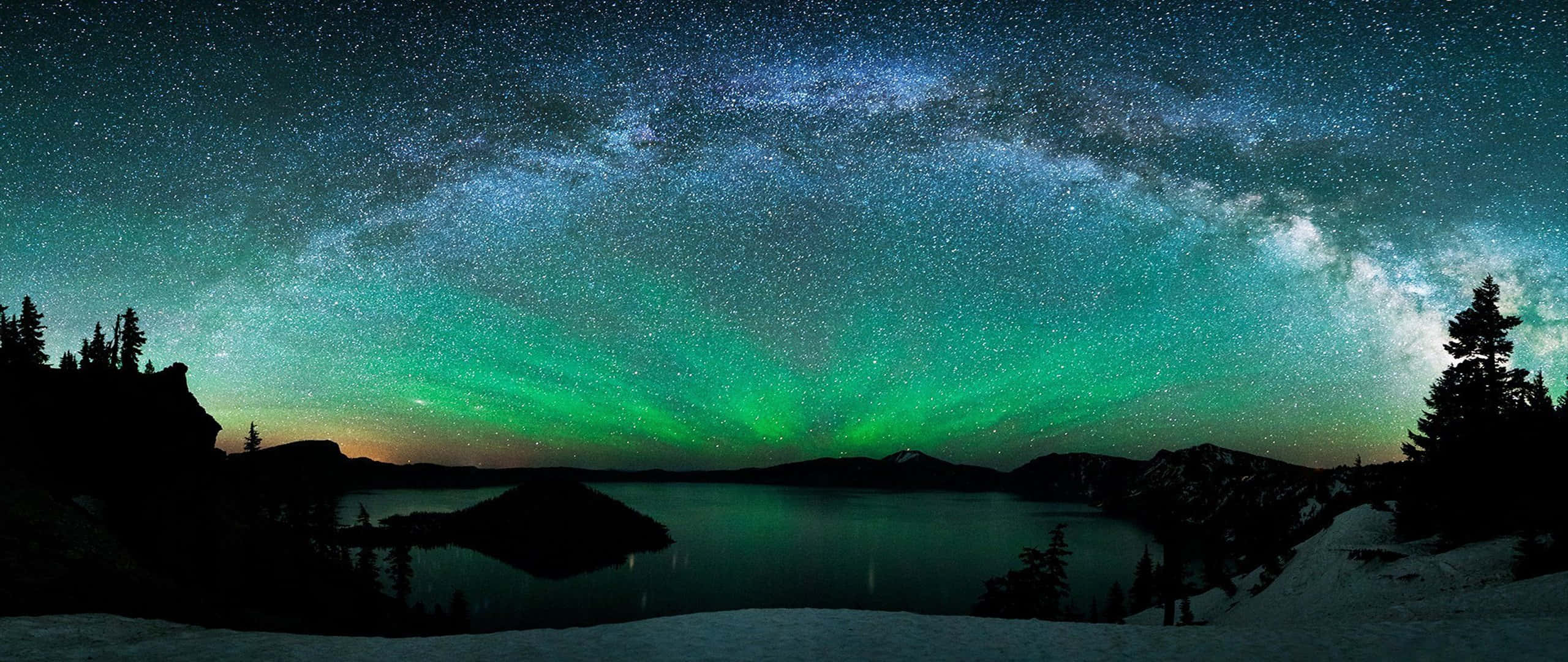 Tranquil Night at Broad Lake, starry night sky, vibrant green auroras, 2K Desktop Wallpaper